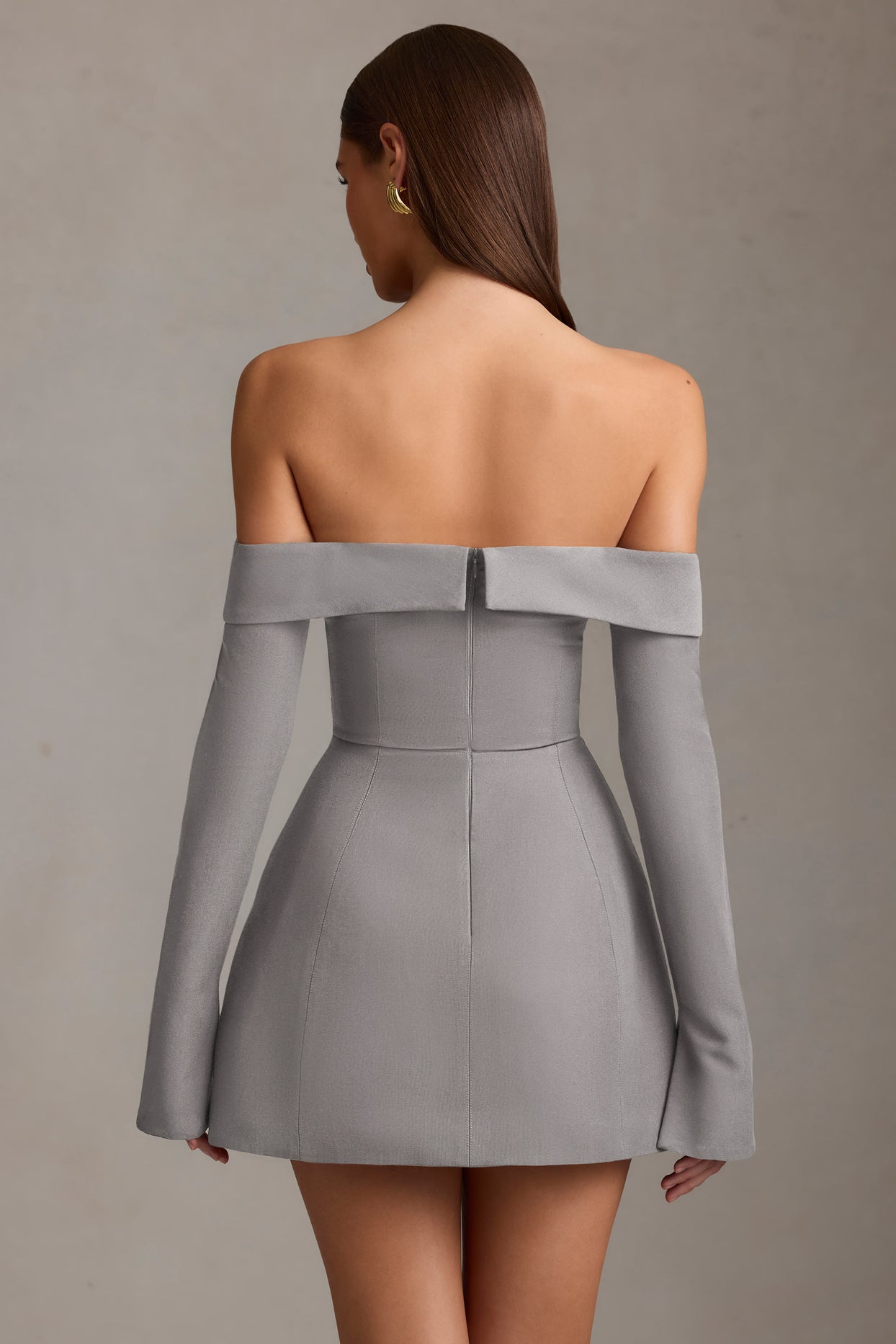 Off-Shoulder Structured A-Line Mini Dress in Grey - 3