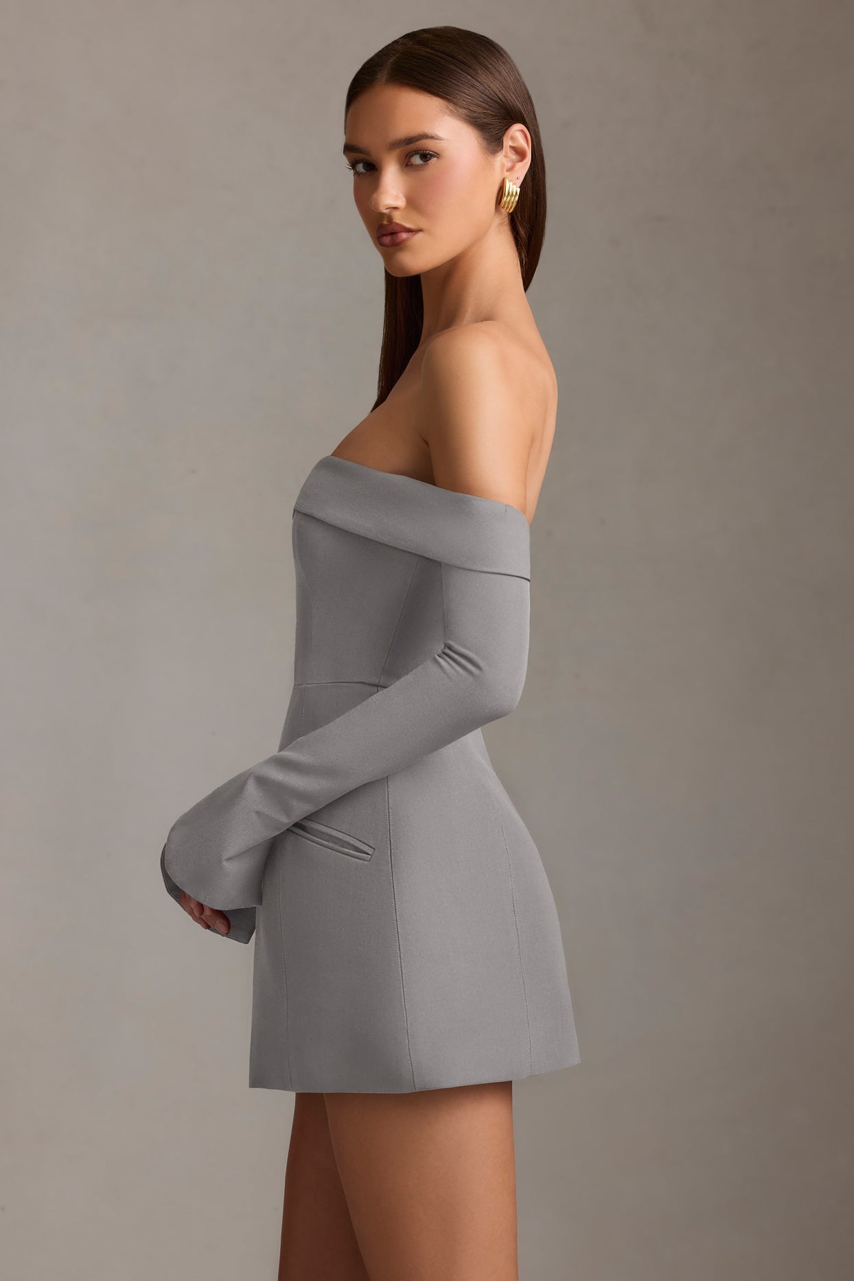 Off-Shoulder Structured A-Line Mini Dress in Grey - 4