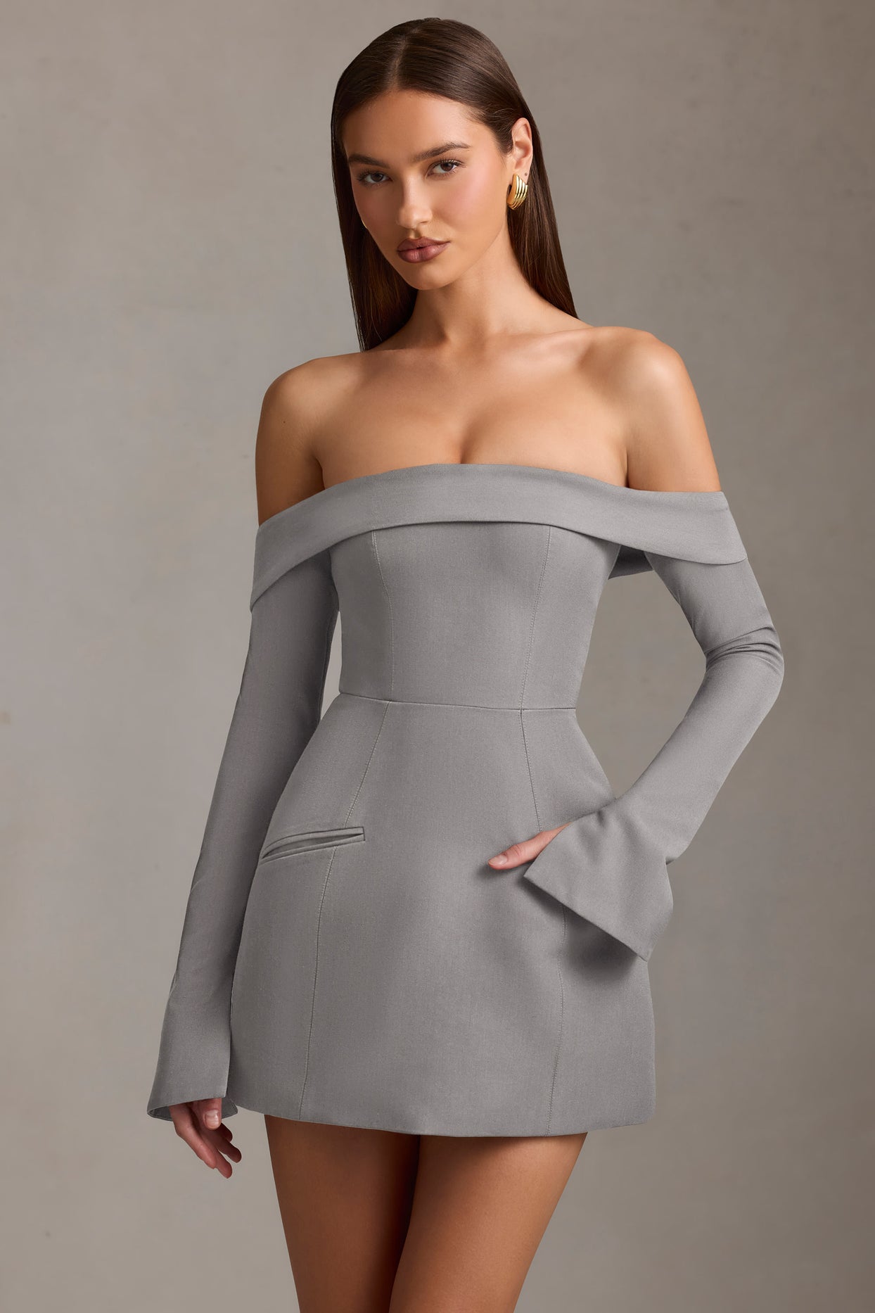 Off-Shoulder Structured A-Line Mini Dress in Grey - 6