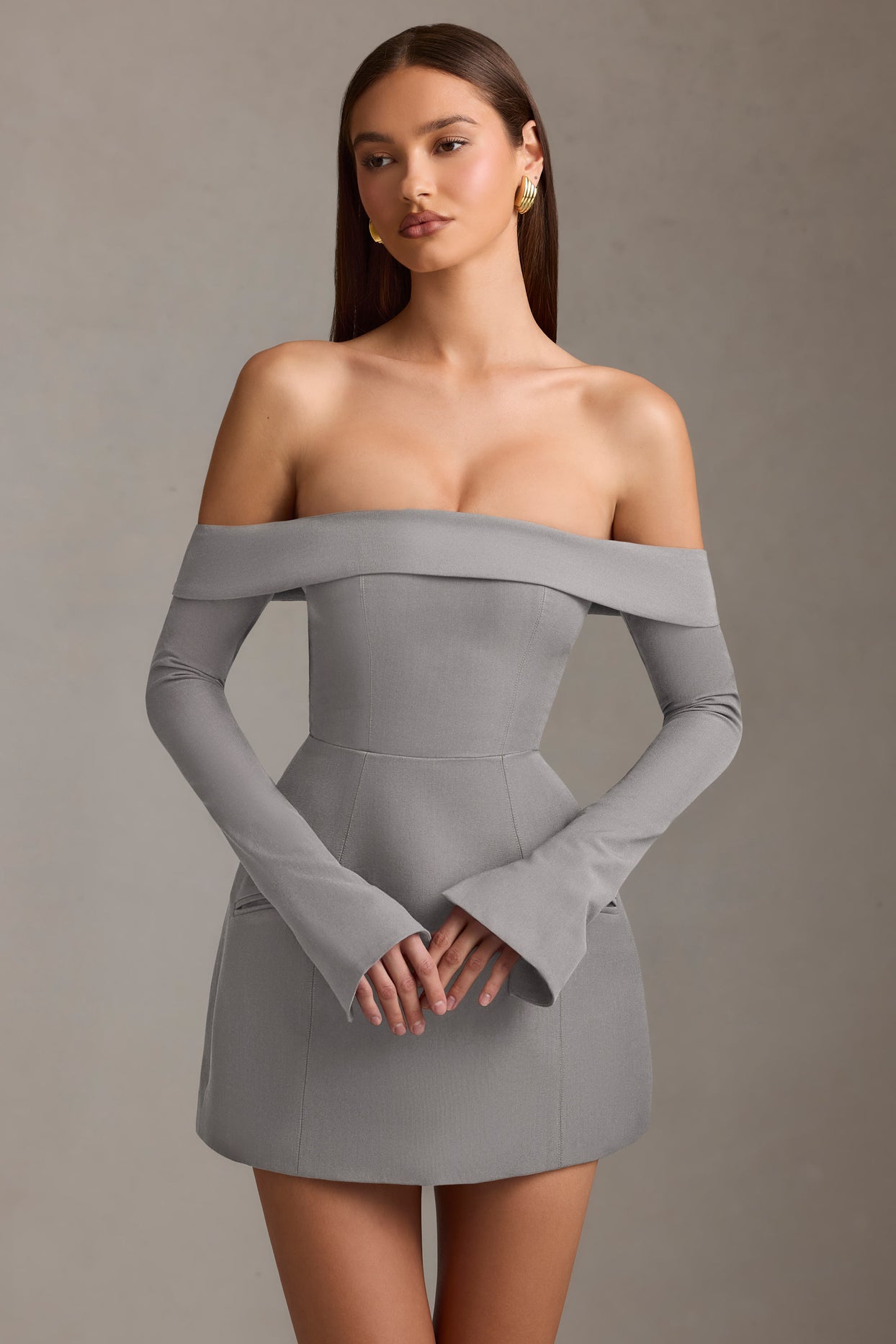 Off-Shoulder Structured A-Line Mini Dress in Grey - 8