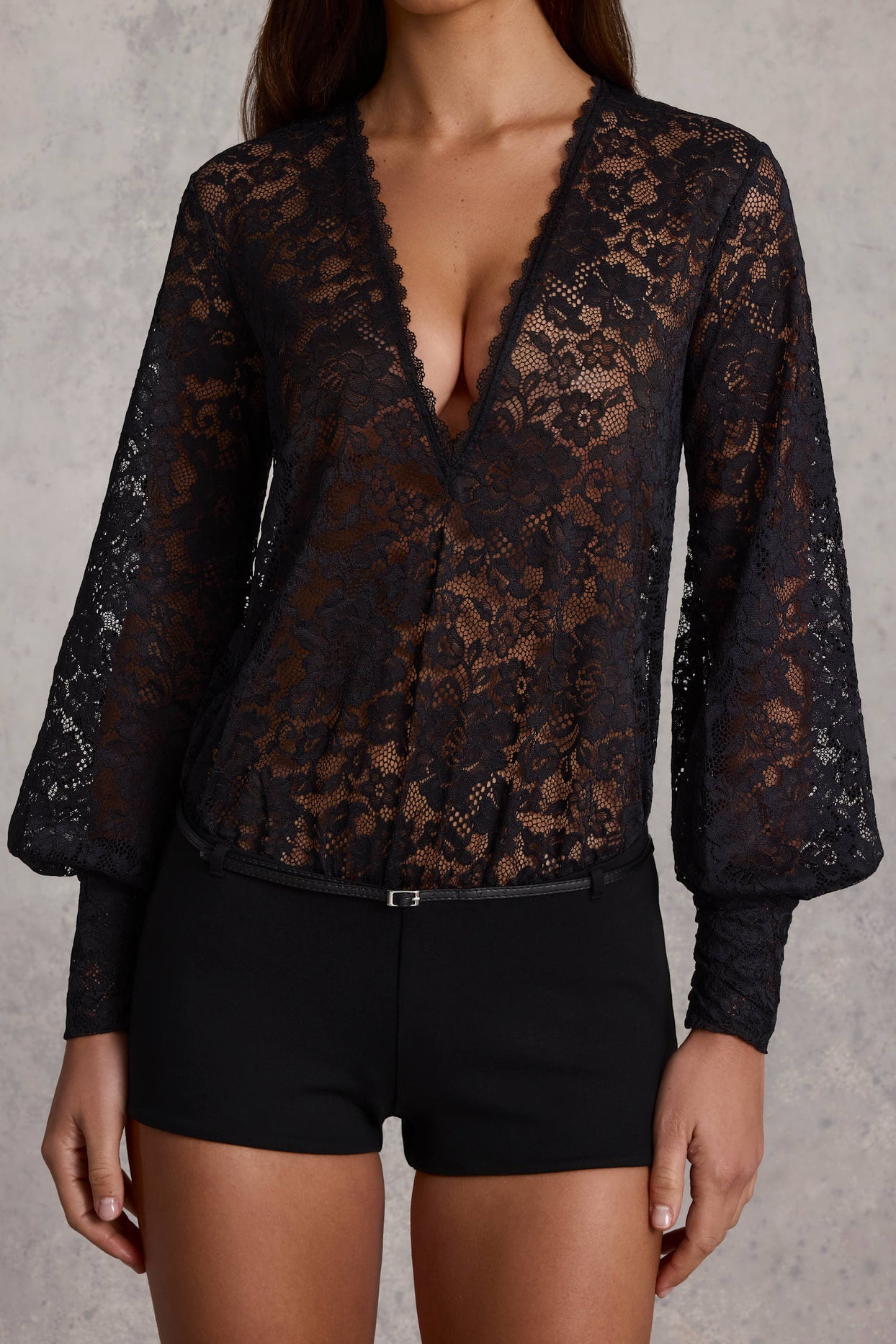 Sheer Lace Plunge-Neck Loose-Fit Playsuit in Black - 4