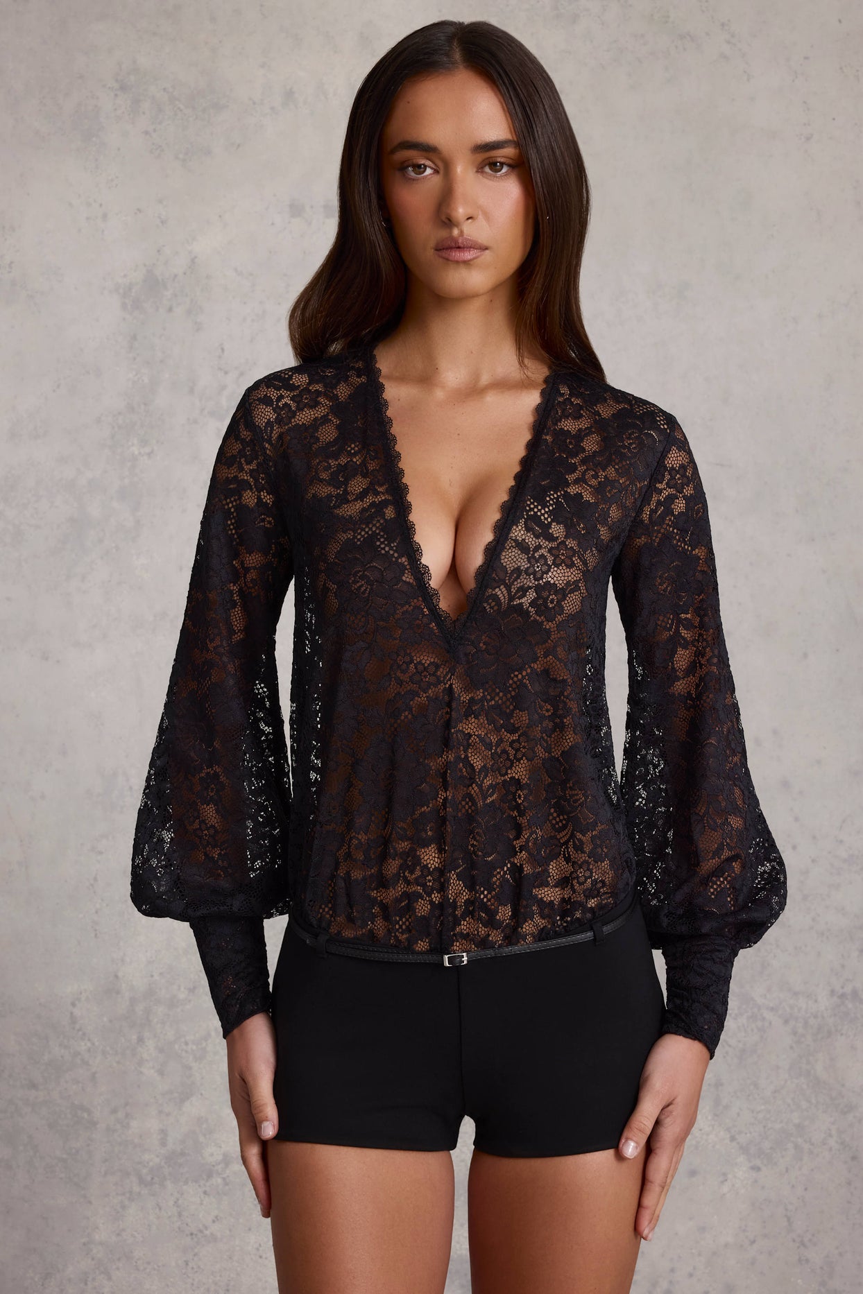Sheer Lace Plunge-Neck Loose-Fit Playsuit in Black - 5