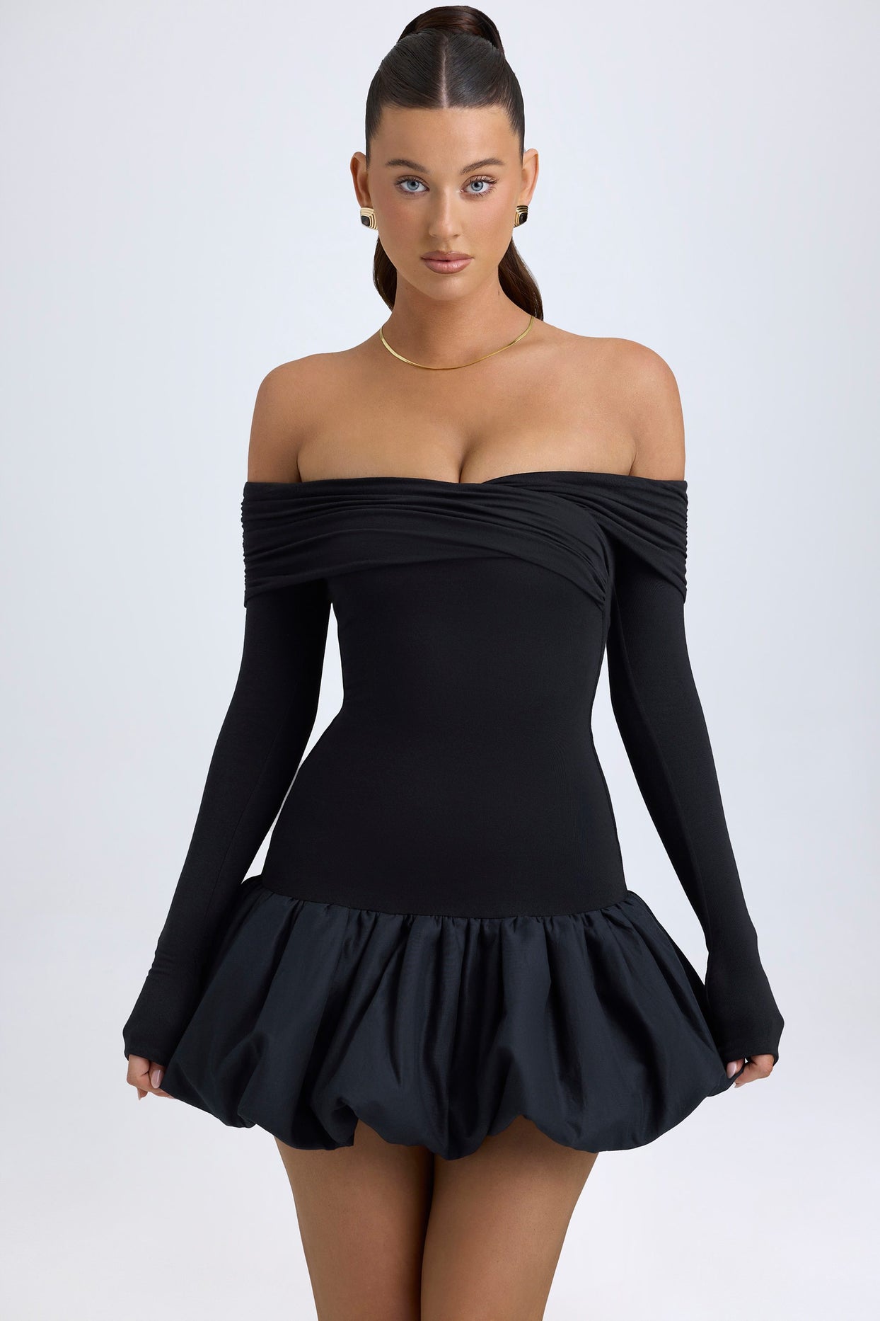 Modal Off-Shoulder Bubble Hem Mini Dress in Black - 1
