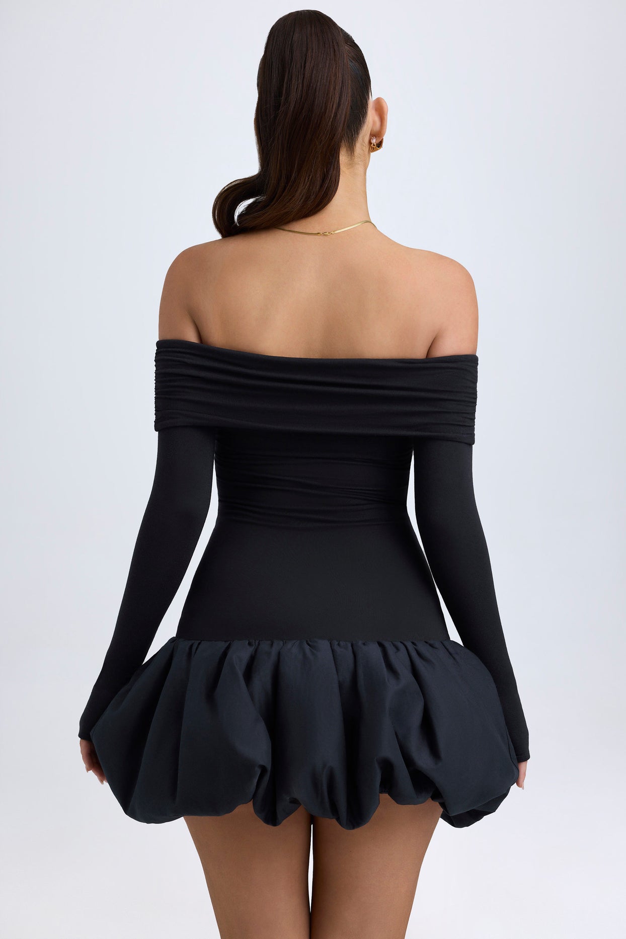Modal Off-Shoulder Bubble Hem Mini Dress in Black - 2