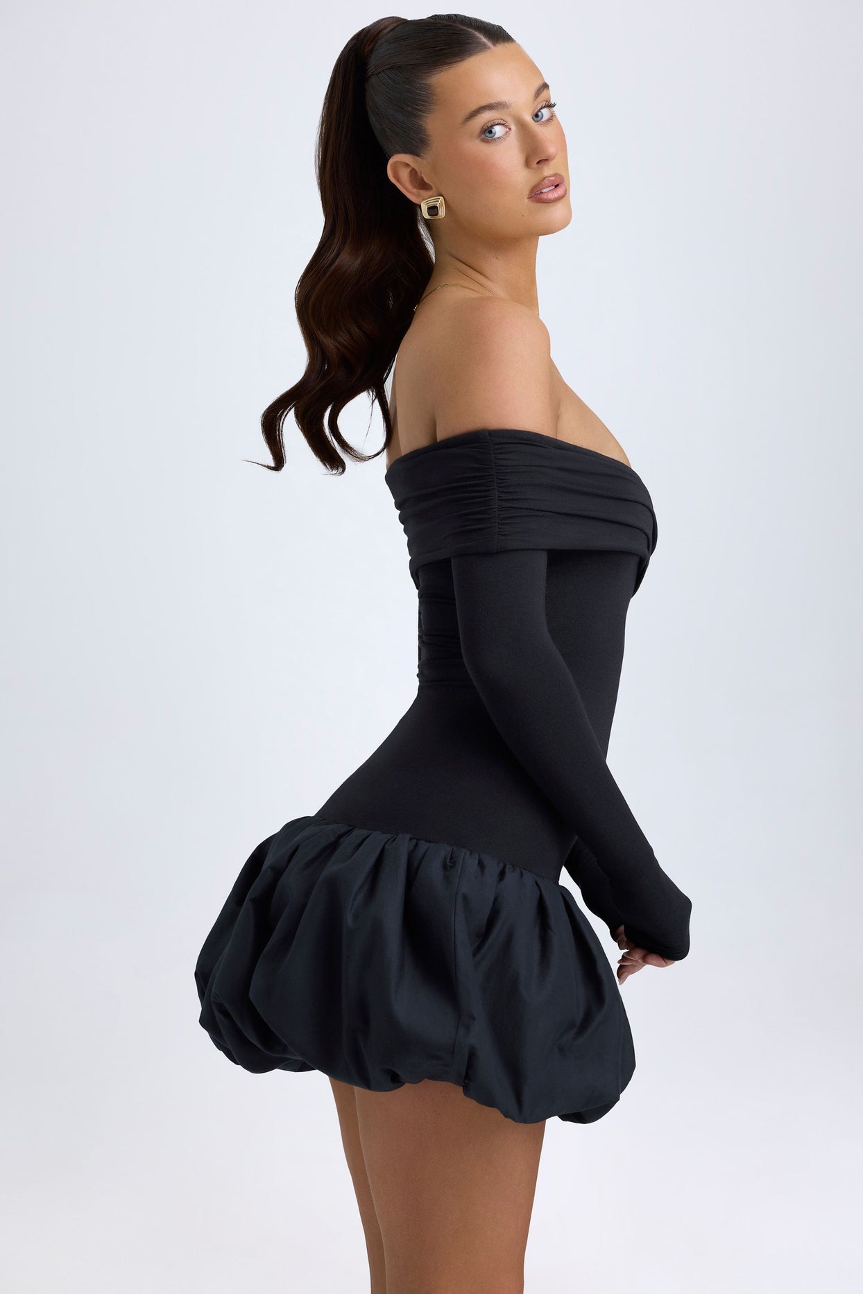 Modal Off-Shoulder Bubble Hem Mini Dress in Black - 3