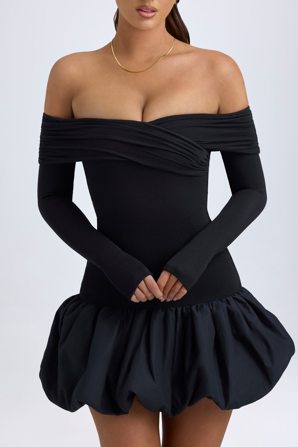 Modal Off-Shoulder Bubble Hem Mini Dress in Black - 4