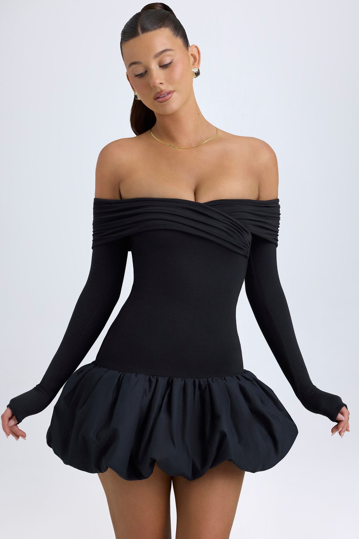 Modal Off-Shoulder Bubble Hem Mini Dress in Black - 5