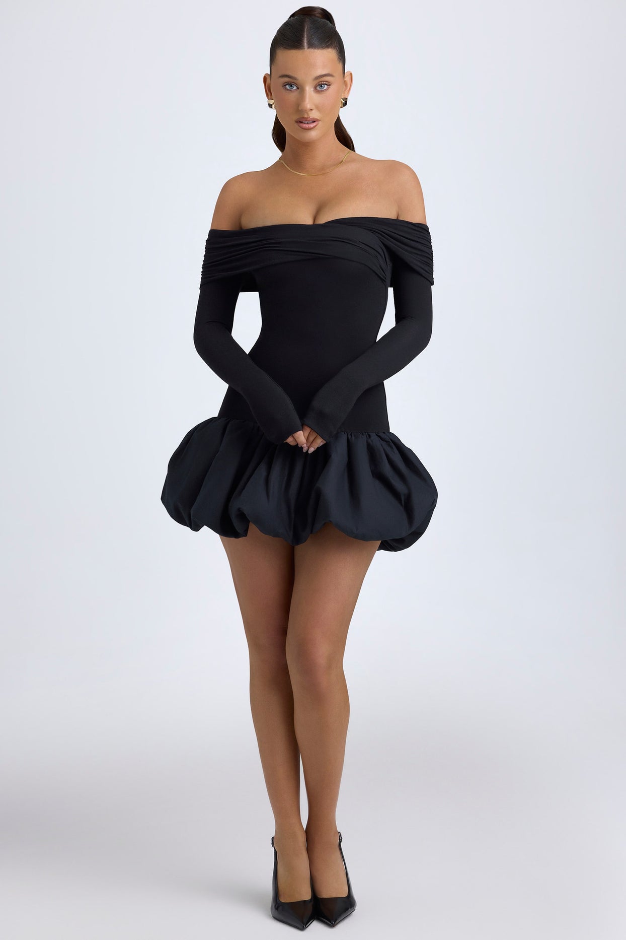 Modal Off-Shoulder Bubble Hem Mini Dress in Black - 6