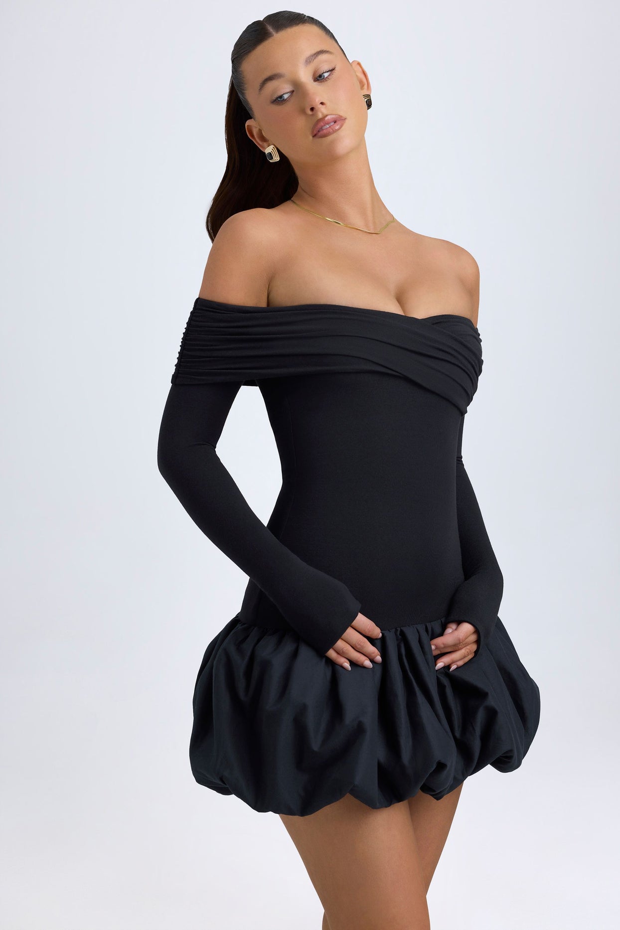 Modal Off-Shoulder Bubble Hem Mini Dress in Black - 7
