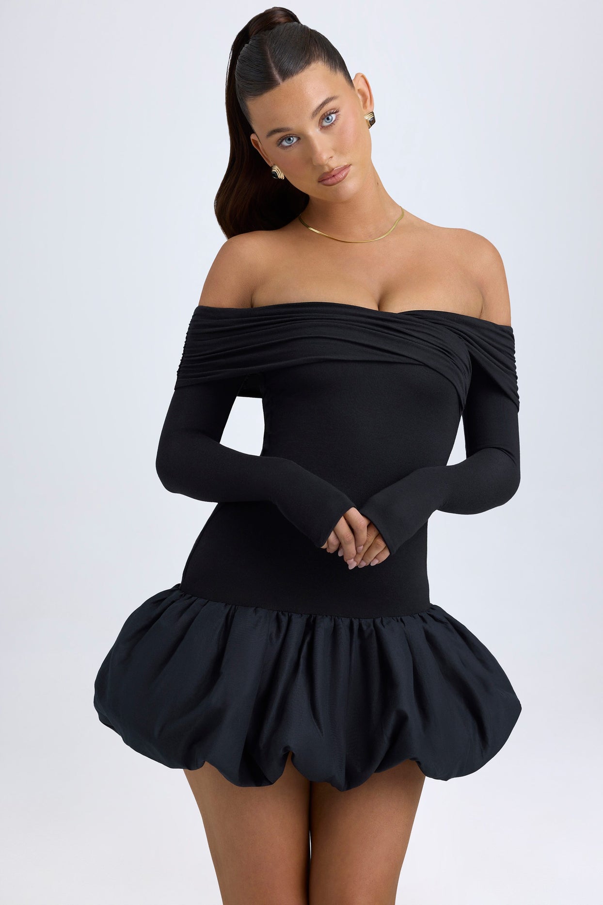 Modal Off-Shoulder Bubble Hem Mini Dress in Black - 8