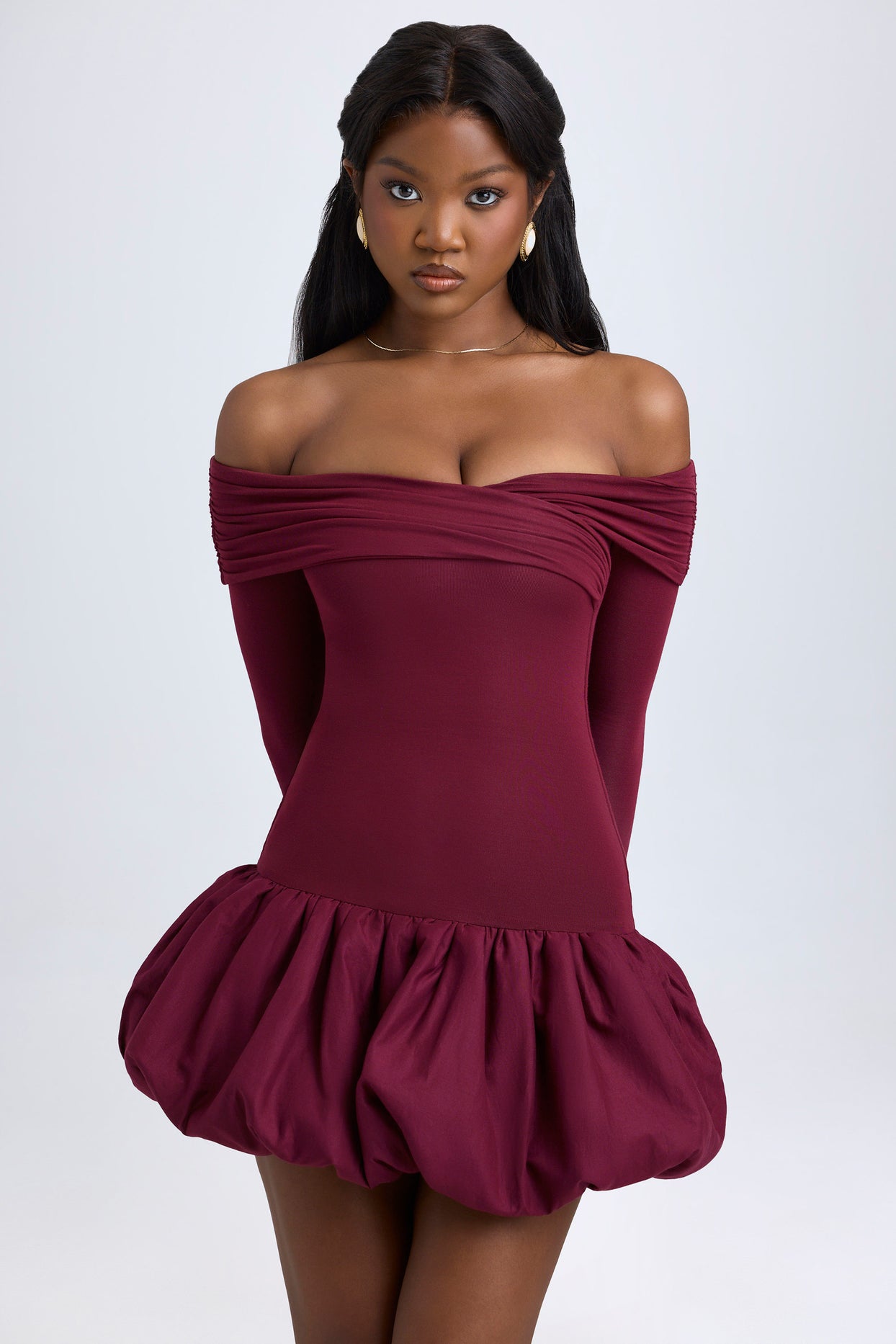 Modal Off-Shoulder Bubble Hem Mini Dress in Wine Red - 9