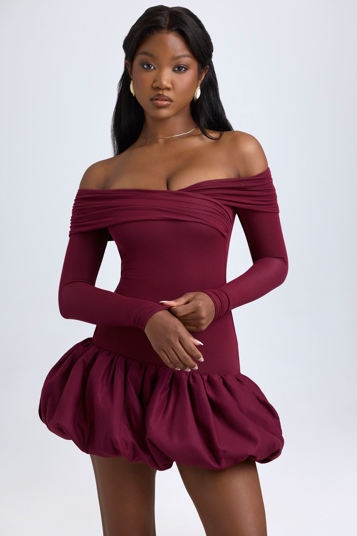 Modal Off-Shoulder Bubble Hem Mini Dress in Wine Red - 1