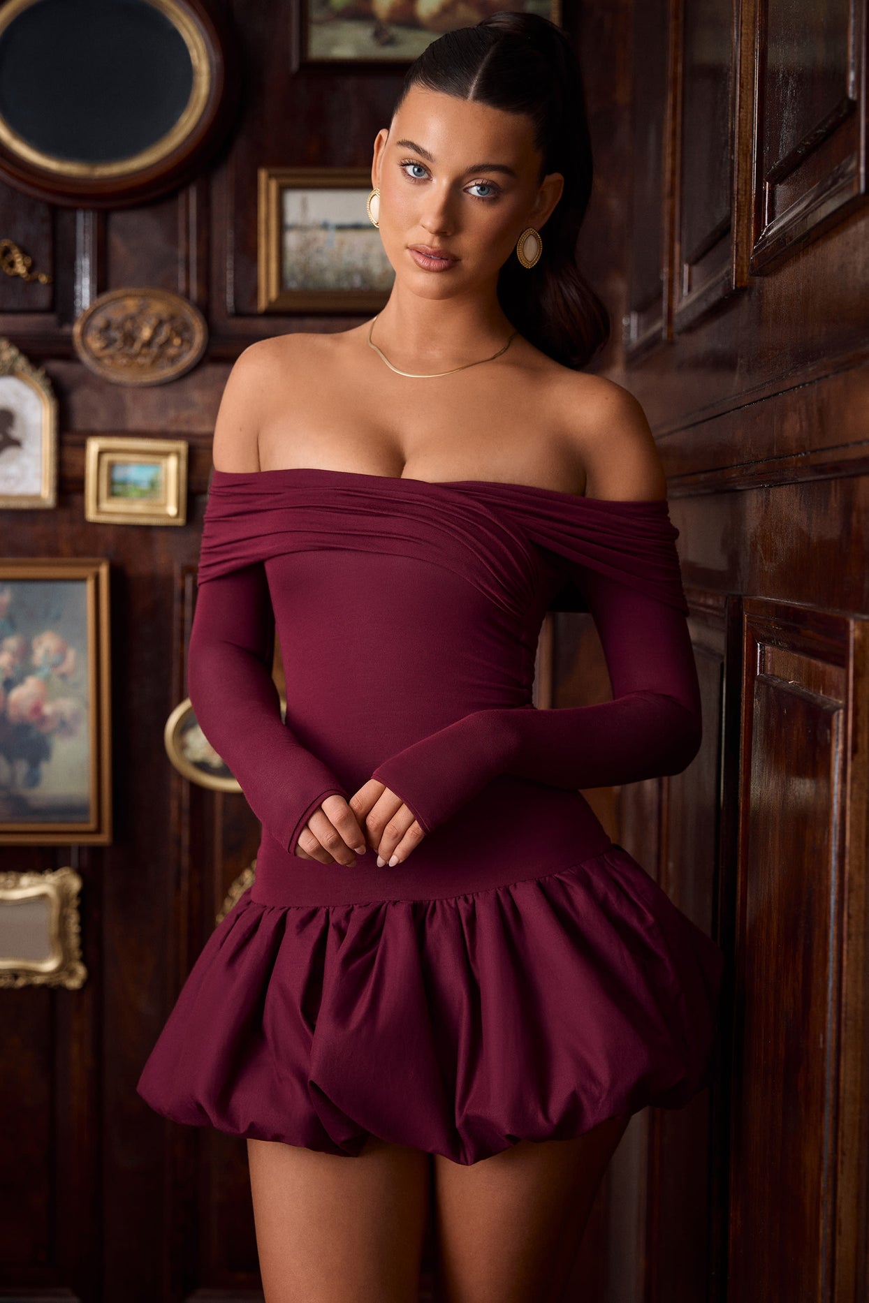 Modal Off-Shoulder Bubble Hem Mini Dress in Wine Red - 2