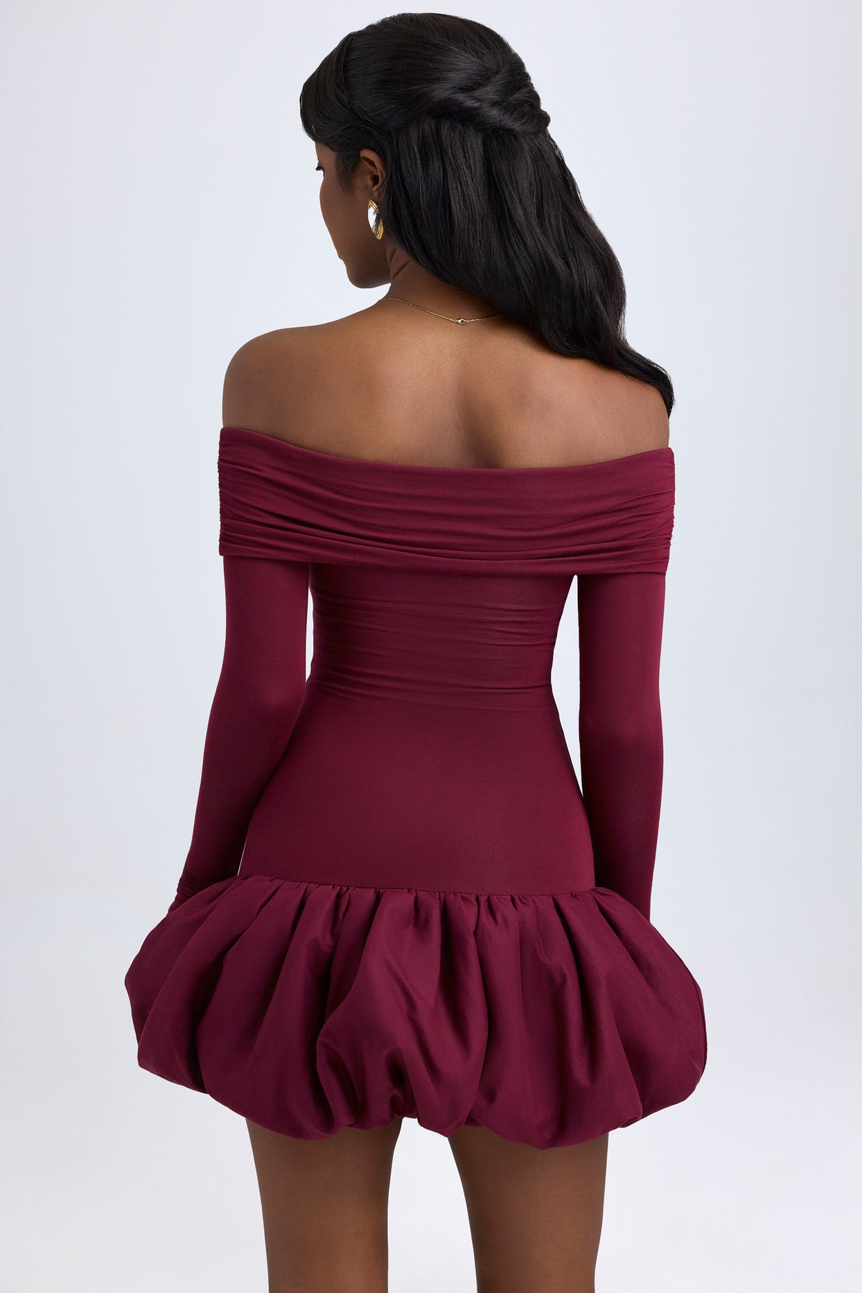 Modal Off-Shoulder Bubble Hem Mini Dress in Wine Red - 3