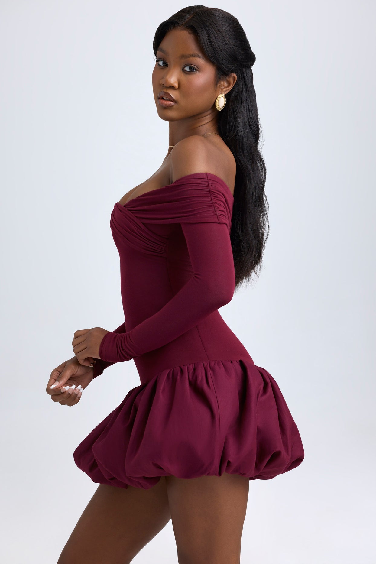 Modal Off-Shoulder Bubble Hem Mini Dress in Wine Red - 4