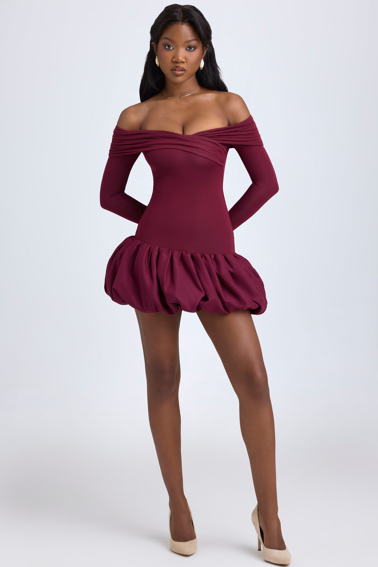 Modal Off-Shoulder Bubble Hem Mini Dress in Wine Red - 6