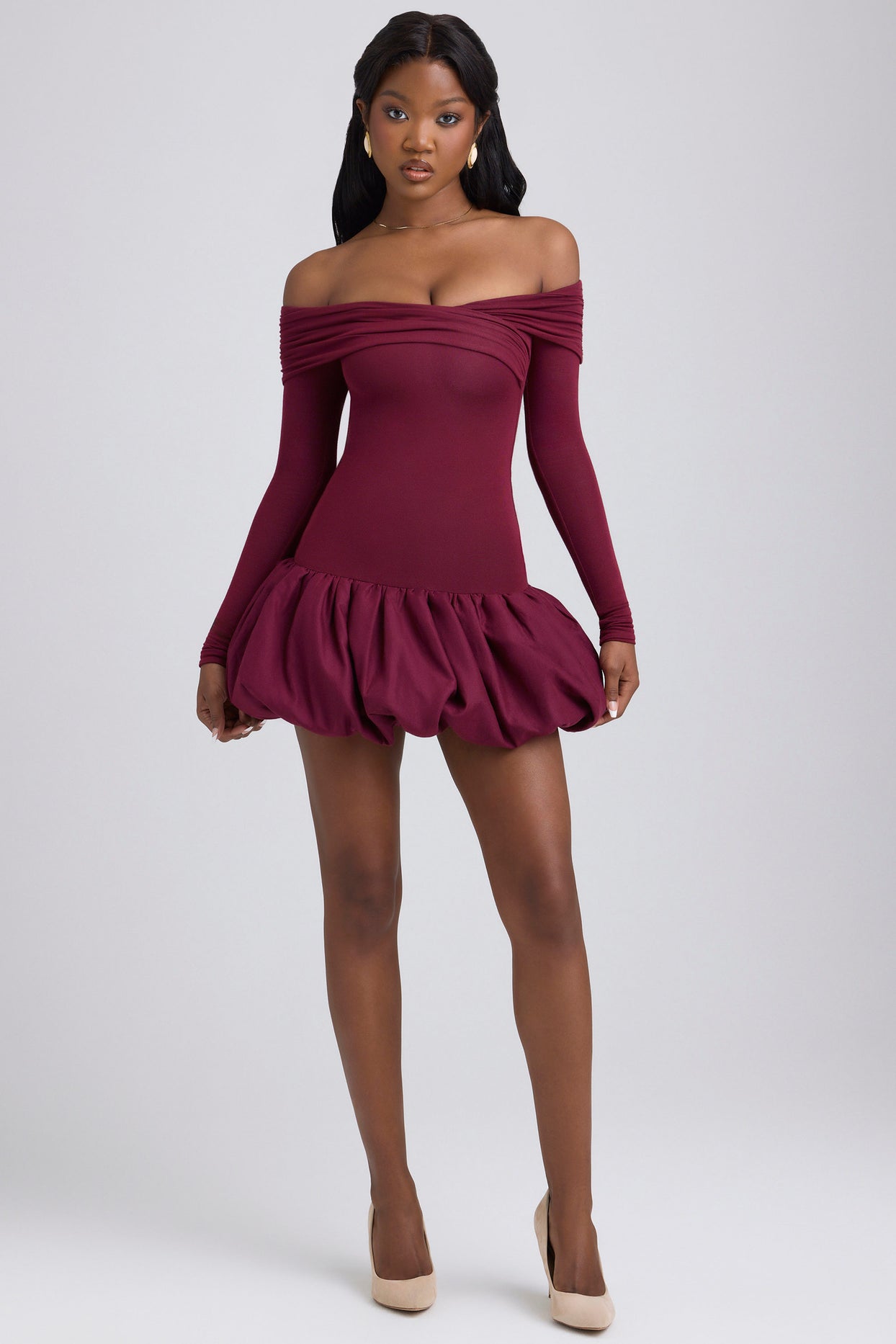 Modal Off-Shoulder Bubble Hem Mini Dress in Wine Red - 7