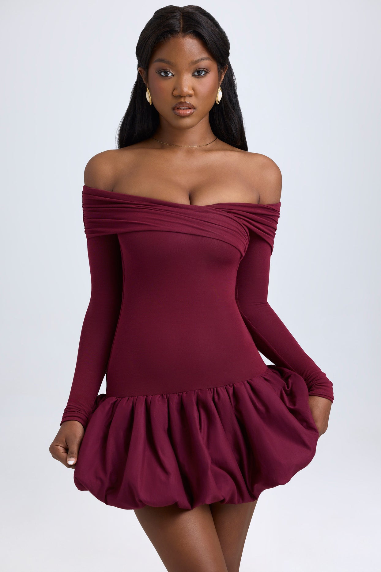 Modal Off-Shoulder Bubble Hem Mini Dress in Wine Red - 8