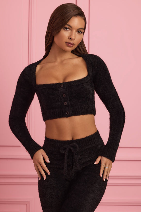 Fluffy Knit Cropped Cardigan in Black