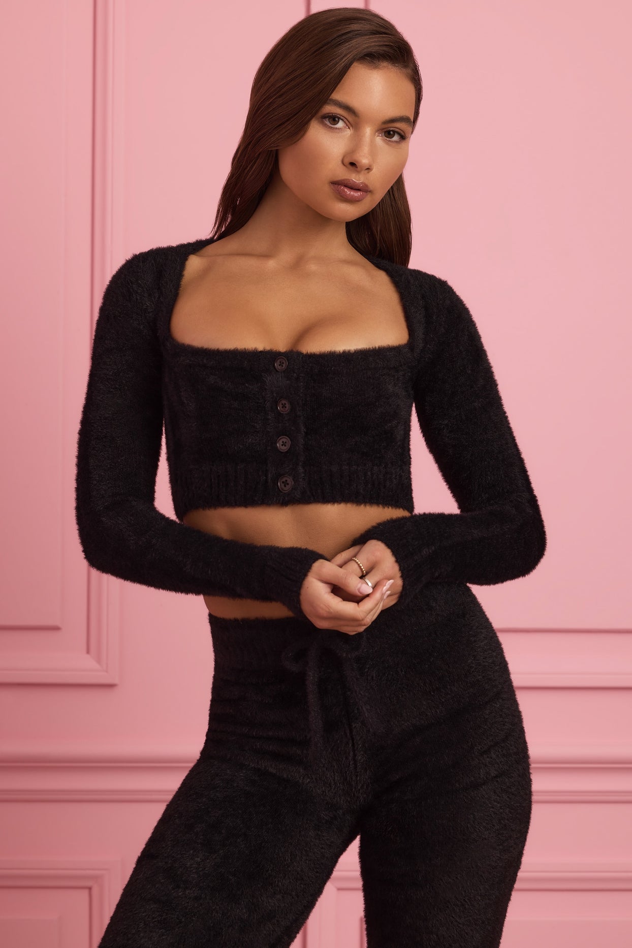 Fluffy Knit Cropped Cardigan in Black - 5