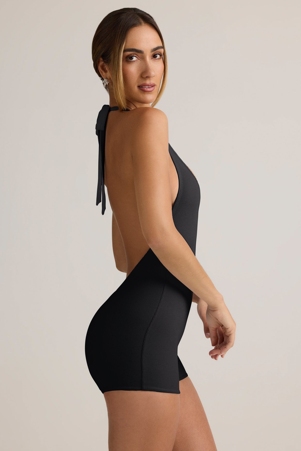 Modal Ribbed Backless Playsuit in Black - 3