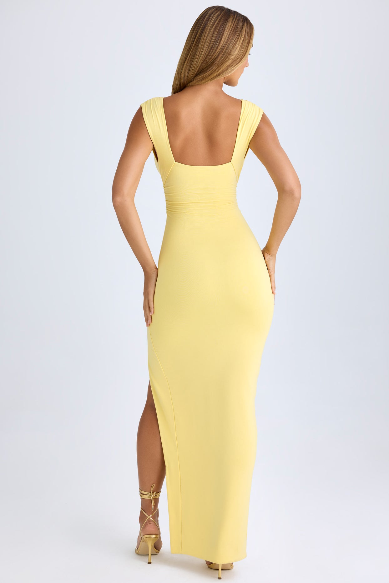 Modal Plunge-Neck Thigh-Split Maxi Dress in Lemon Sherbet - 3