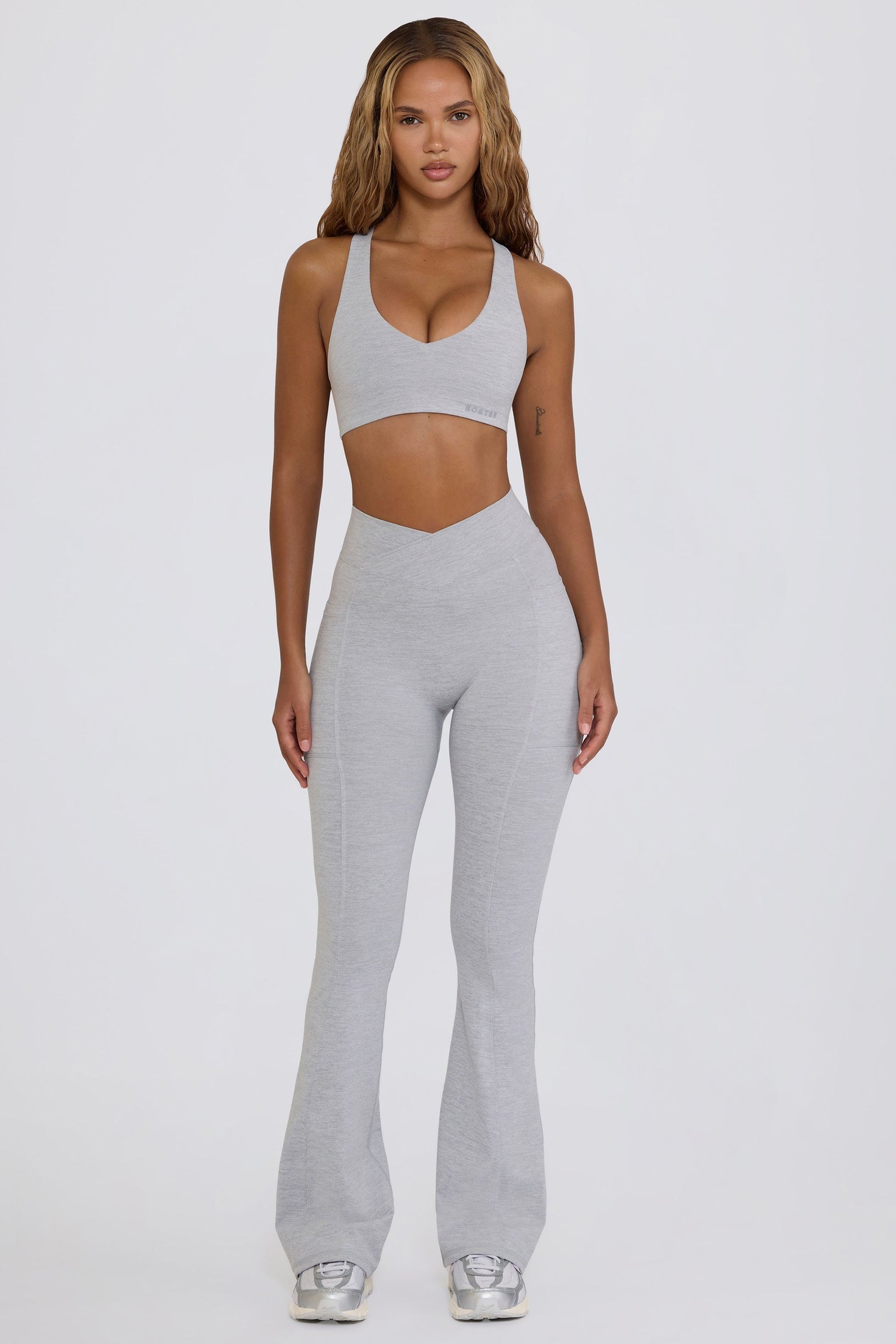 Soft Active V-Waist Pocket Flared Leggings in Grey Marl - 2