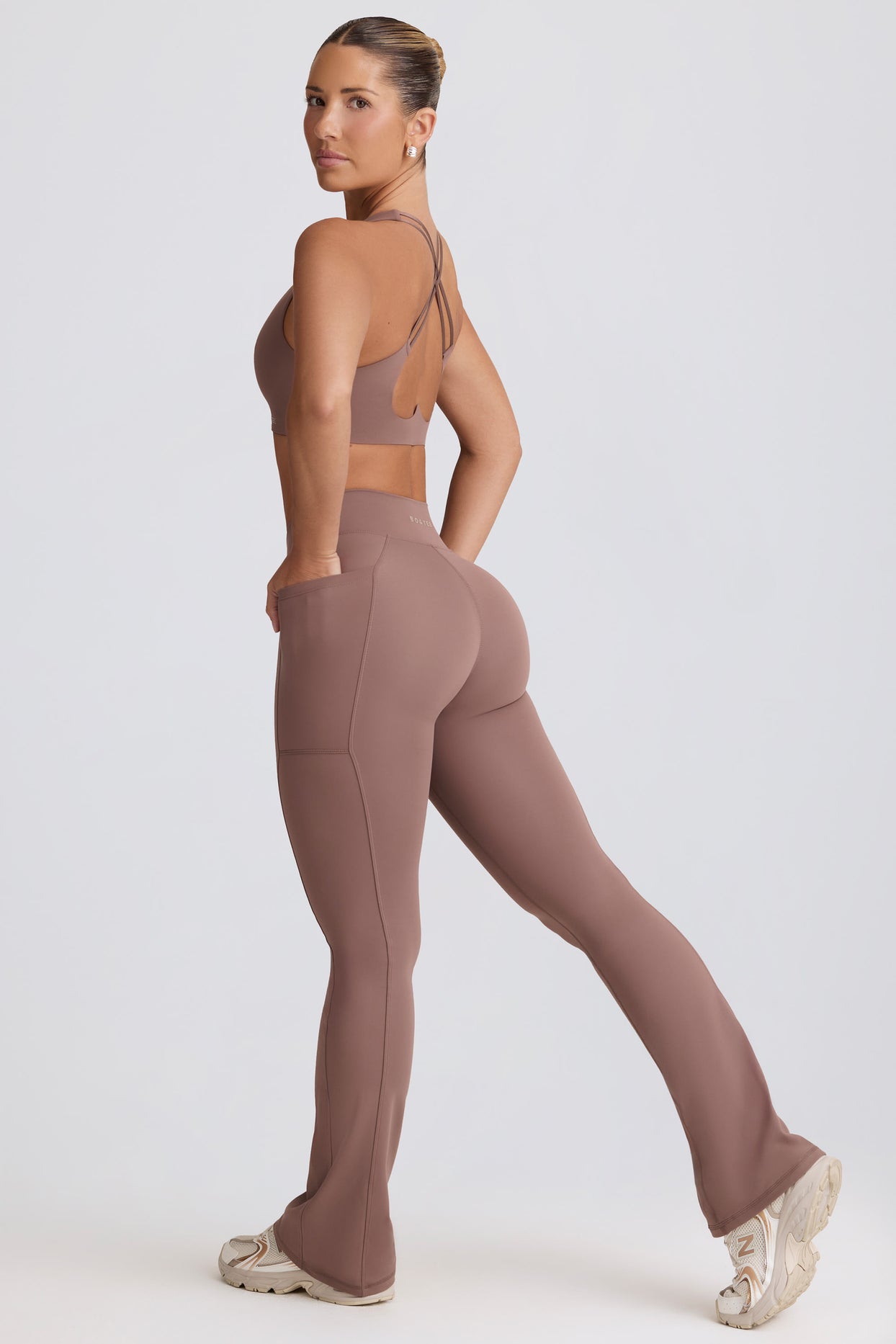 Soft Active V-Waist Pocket Flared Leggings in Mocha - 1