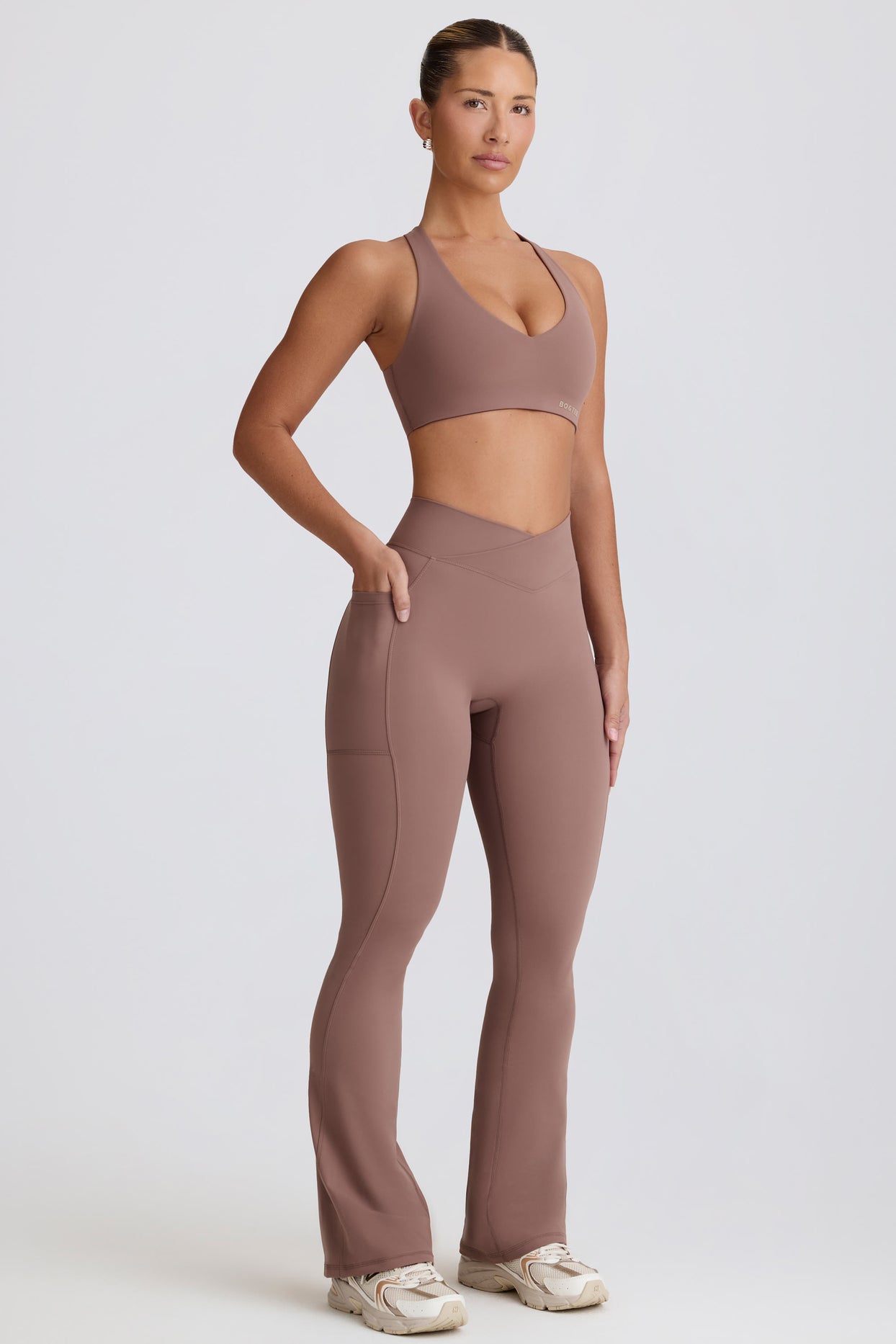 Soft Active V-Waist Pocket Flared Leggings in Mocha - 3