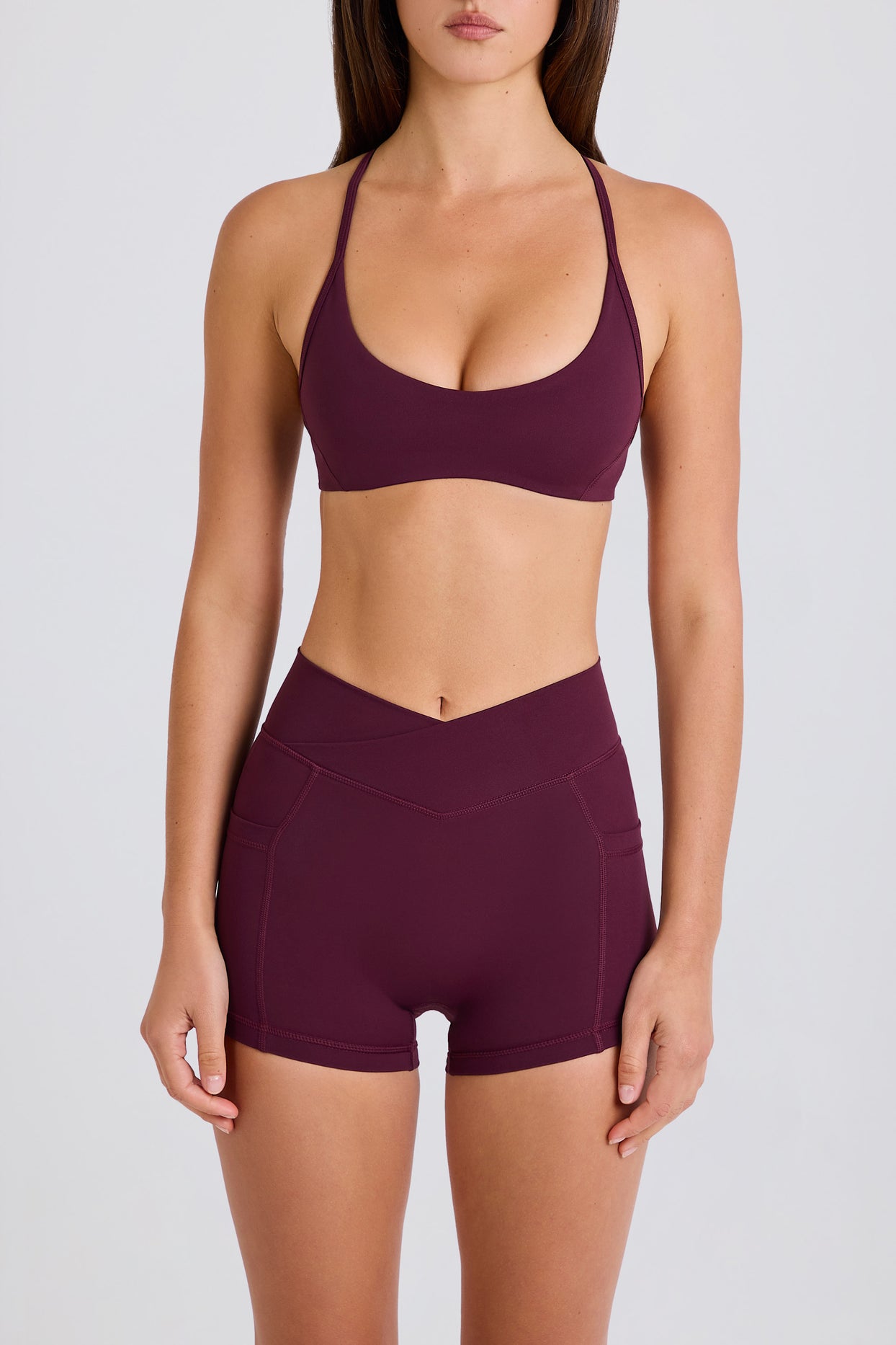 Soft Active V-Waist Pocket Mini Shorts in Burgundy - 4
