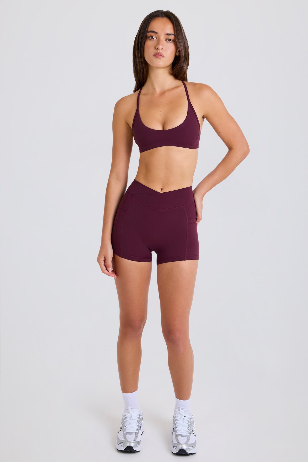 Soft Active V-Waist Pocket Mini Shorts in Burgundy - 5
