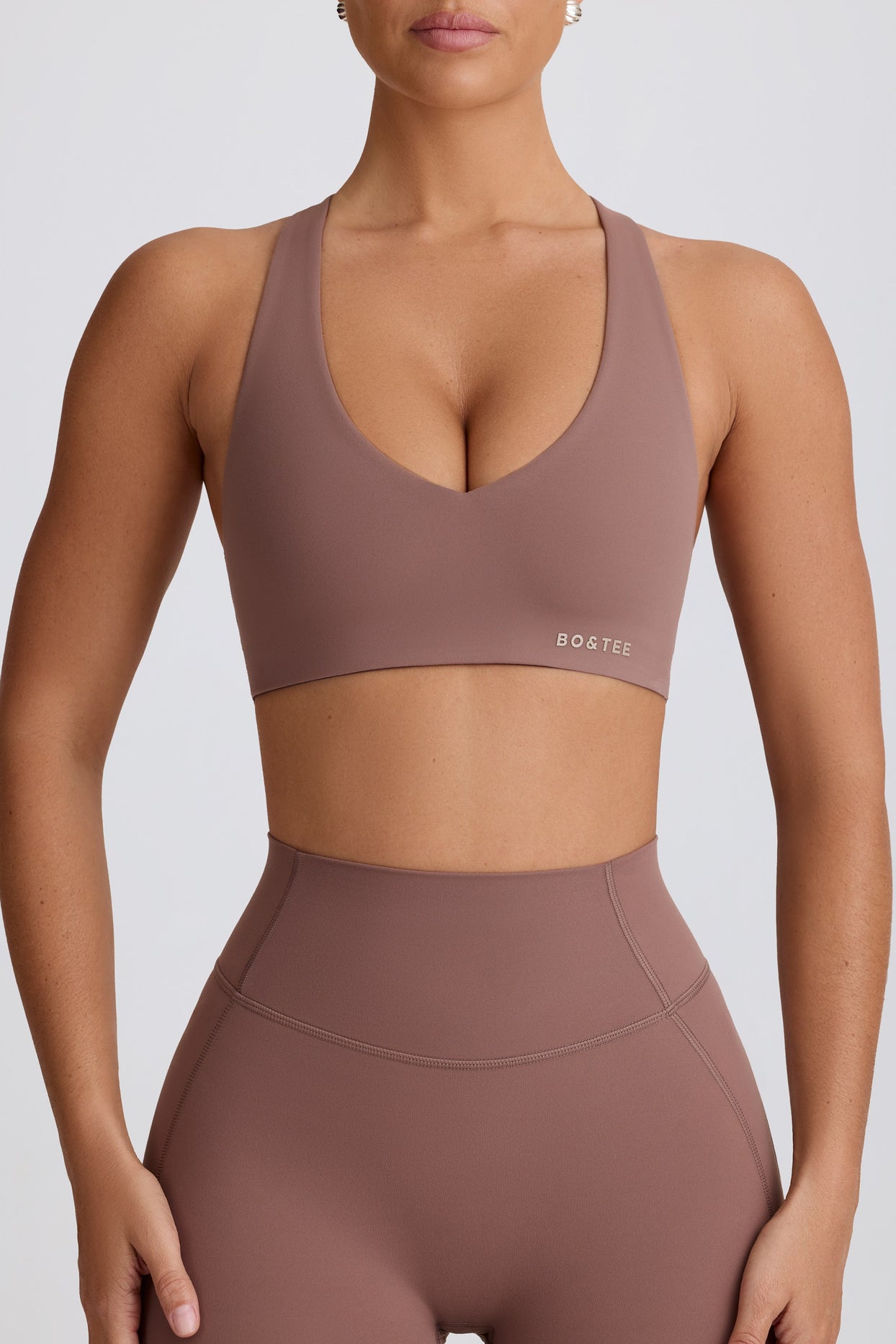 Soft Active V-Neck Sports Bra in Mocha - 3