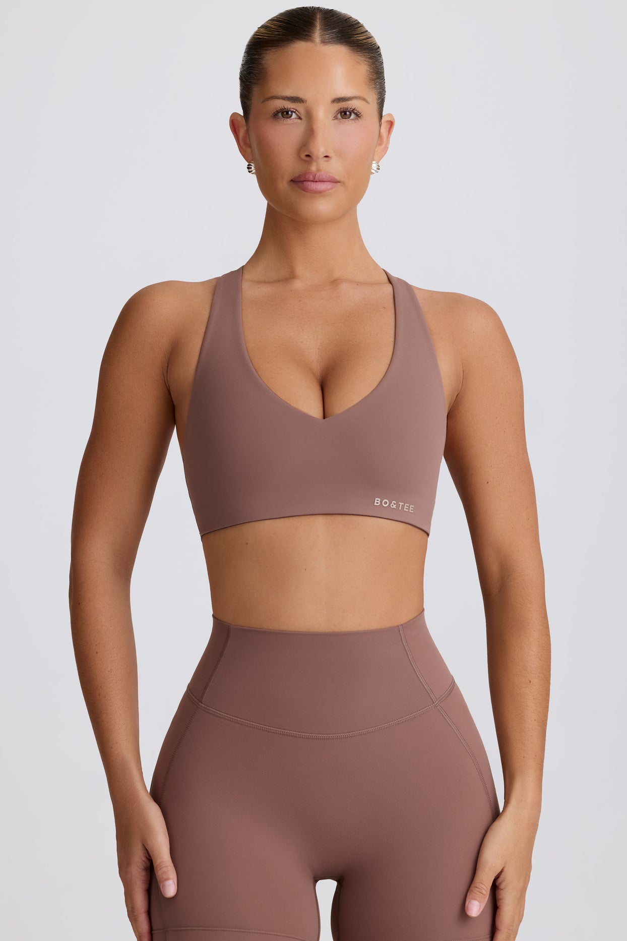 Soft Active V-Neck Sports Bra in Mocha - 8