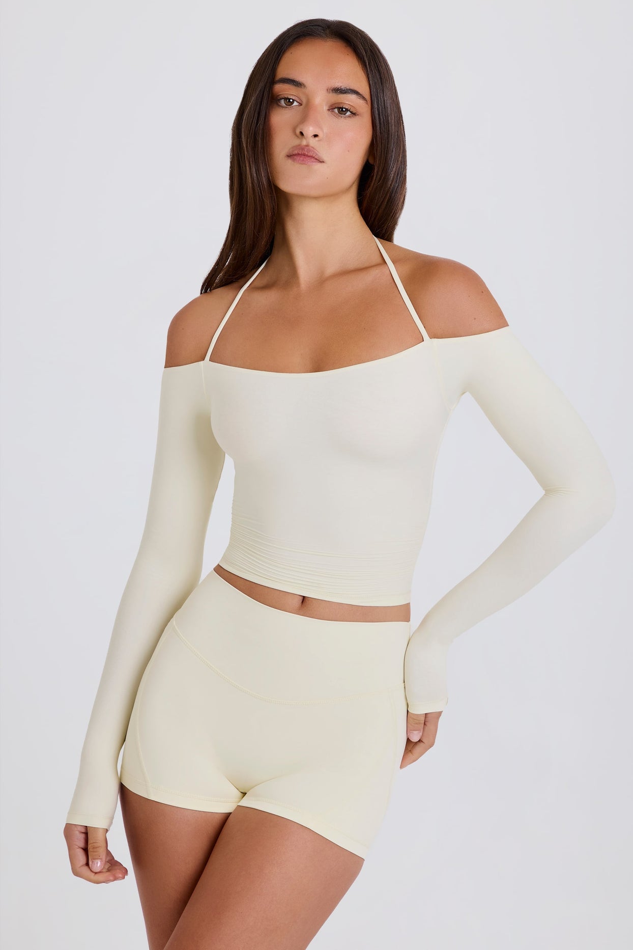 Soft Jersey Off-Shoulder Halterneck Longline Top in Cream - 1