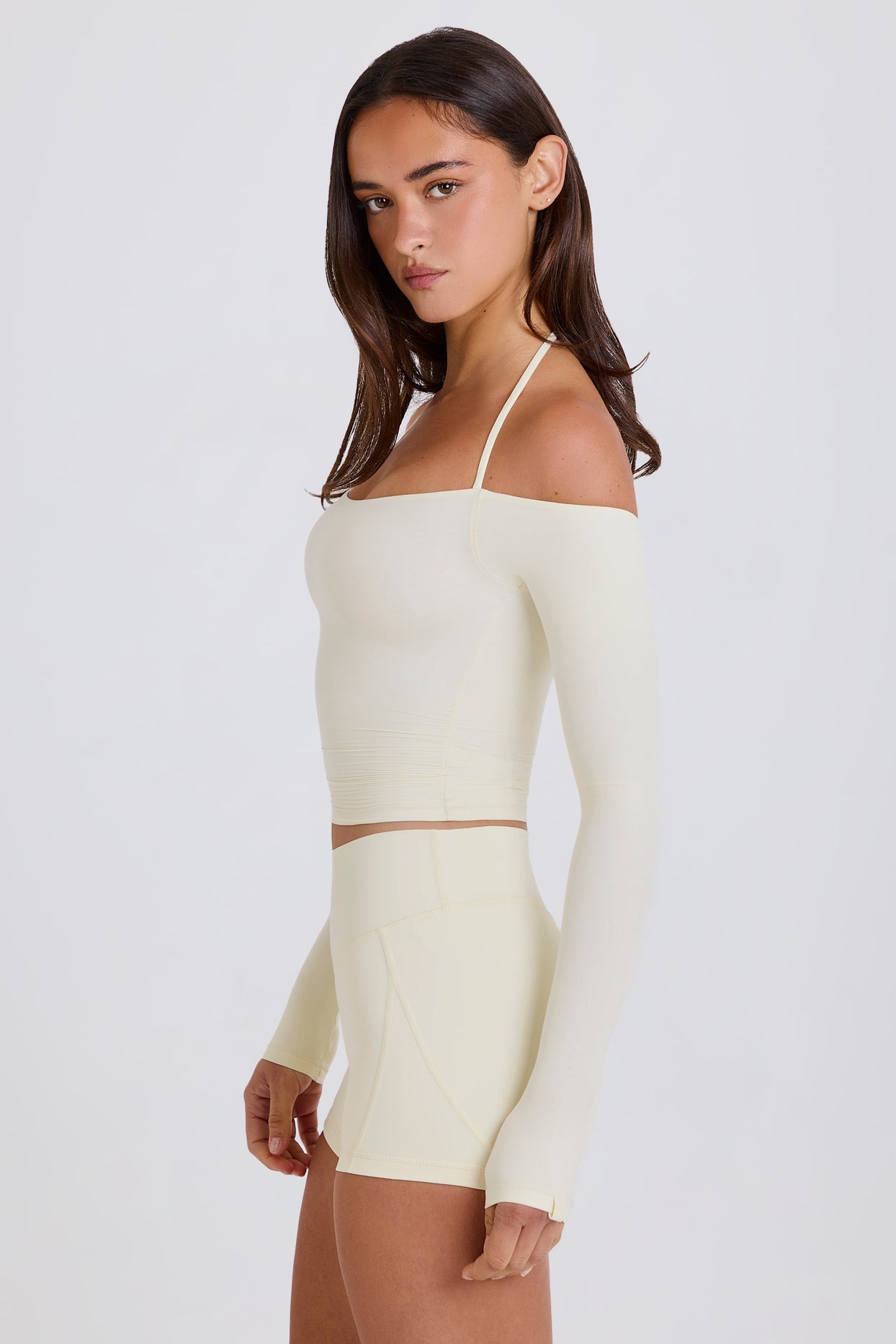 Soft Jersey Off-Shoulder Halterneck Longline Top in Cream - 3