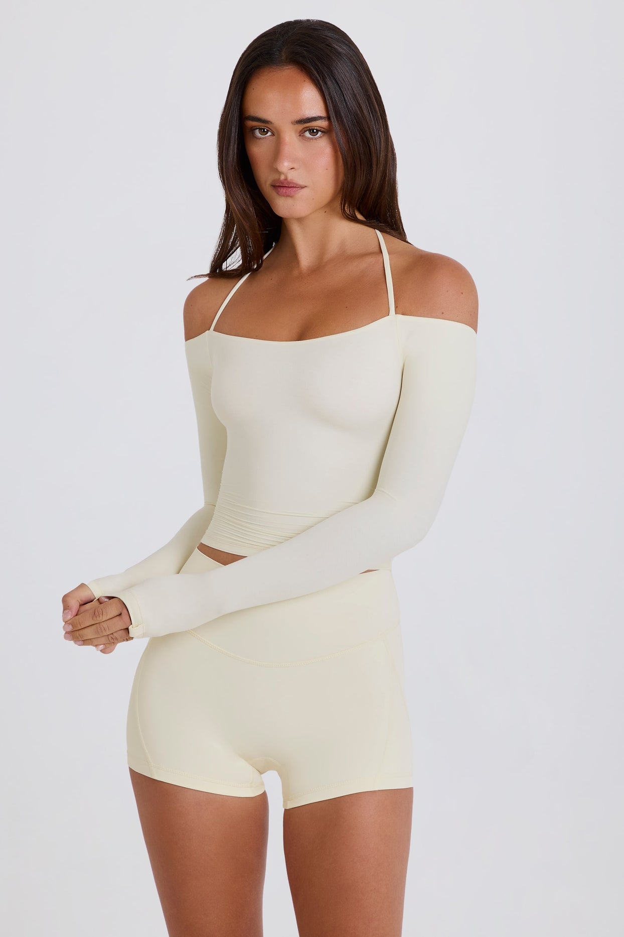 Soft Jersey Off-Shoulder Halterneck Longline Top in Cream - 4