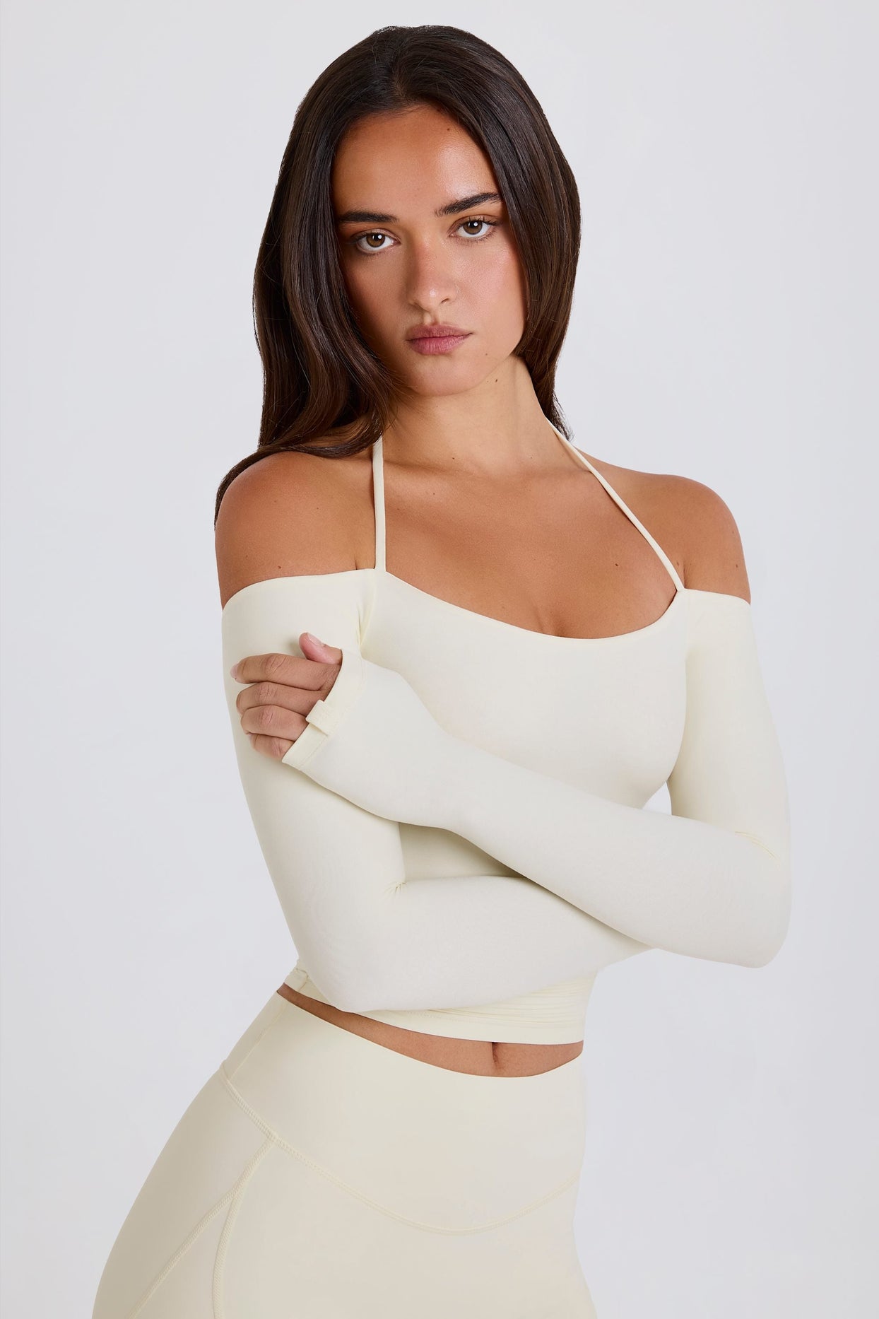 Soft Jersey Off-Shoulder Halterneck Longline Top in Cream - 6