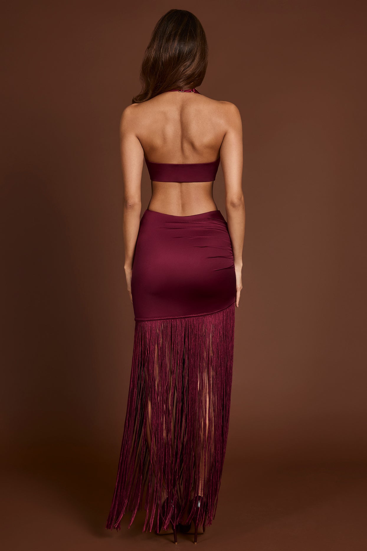 Fringed Plunge-Neck Maxi Dress in Wine Red - 2