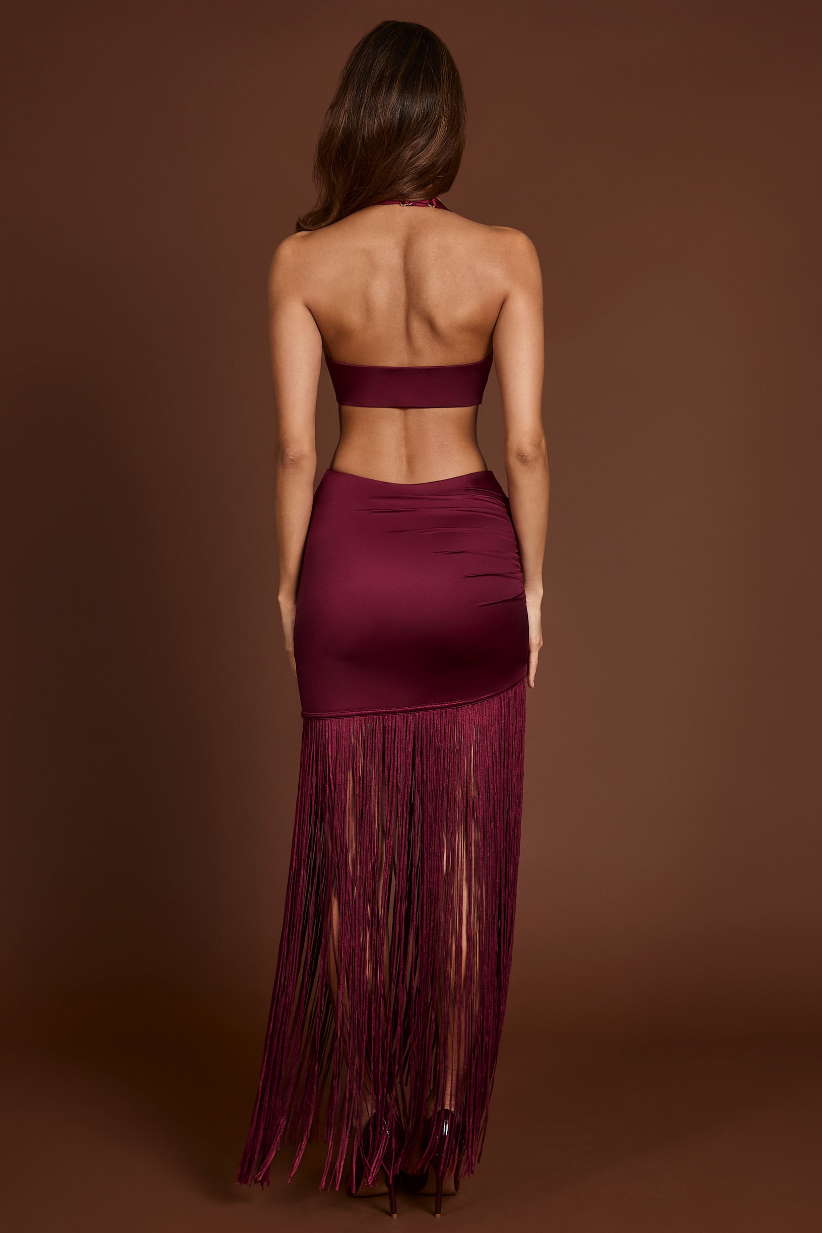 Fringed Plunge-Neck Maxi Dress in Wine Red - 2