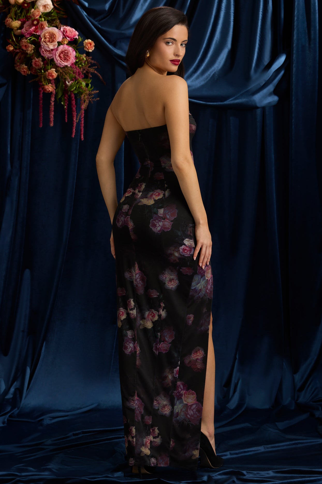 Bandeau Cowl-Neck Maxi Dress in Black Floral Print - 2