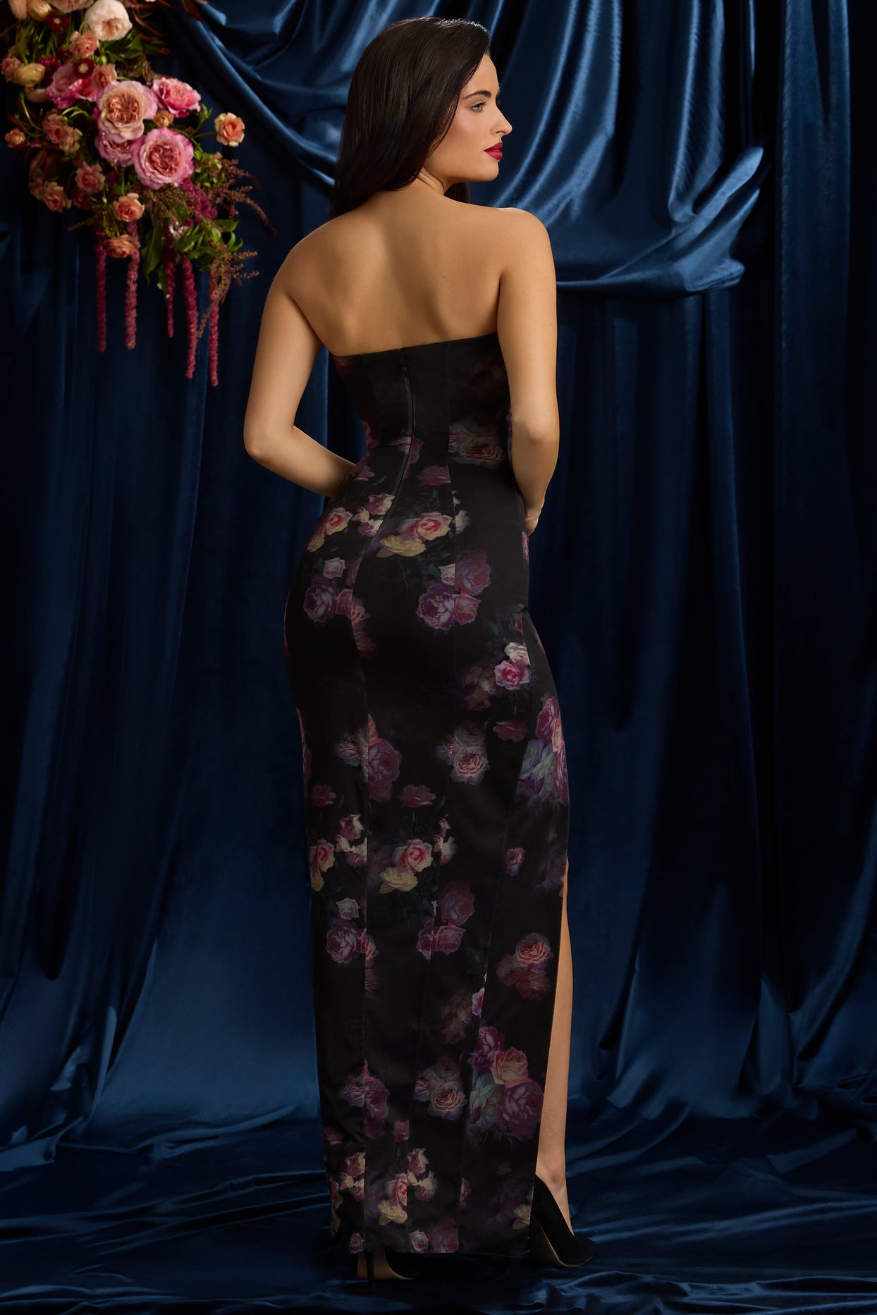 Bandeau Cowl-Neck Maxi Dress in Black Floral Print - 6