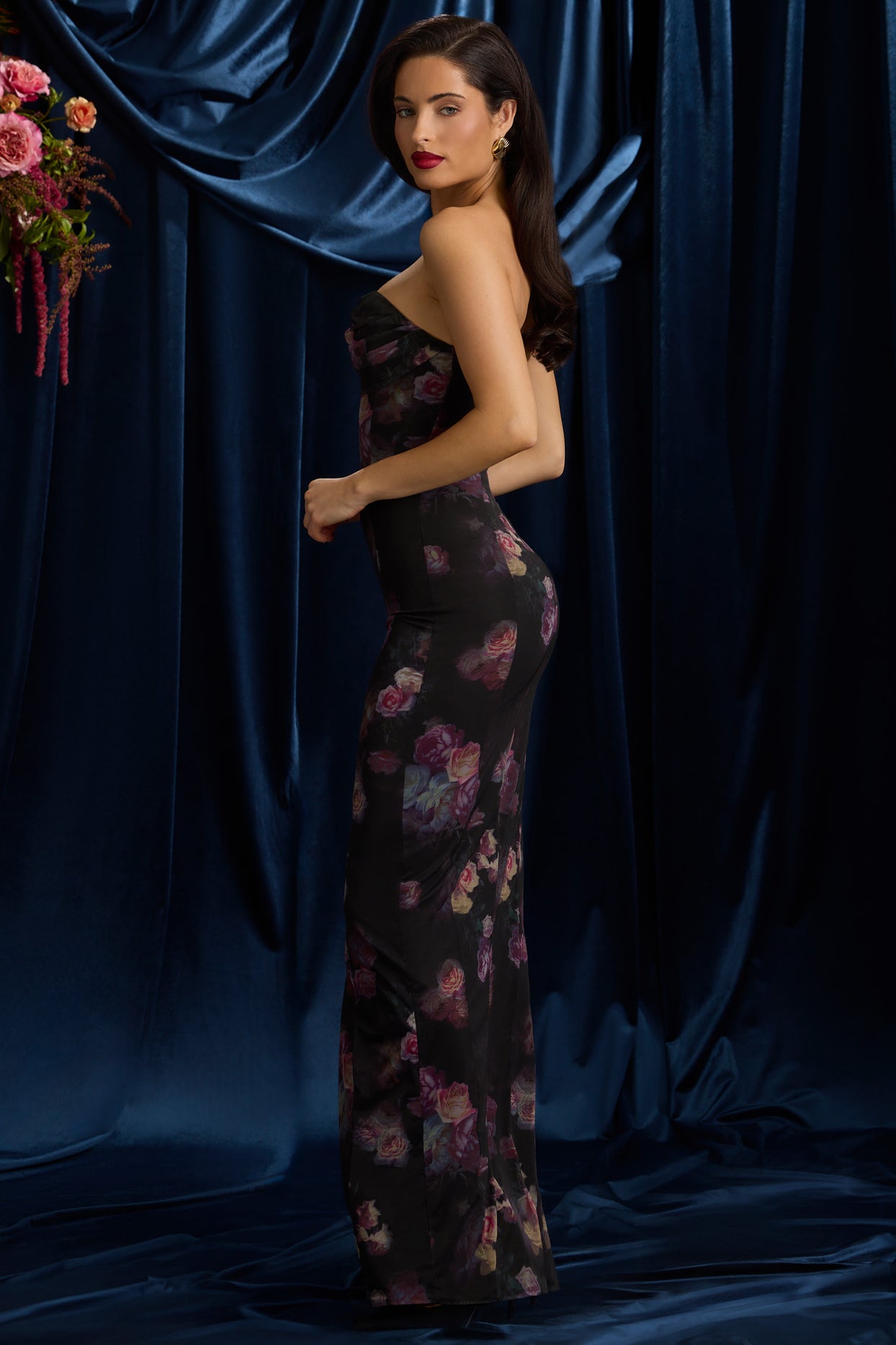 Bandeau Cowl-Neck Maxi Dress in Black Floral Print - 8
