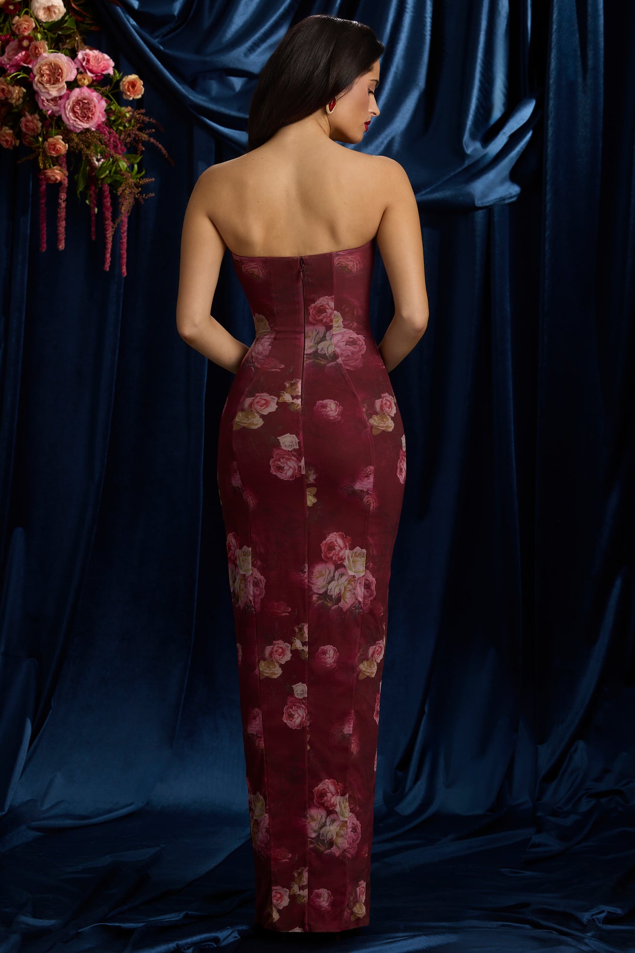 Bandeau Cowl-Neck Maxi Dress in Maroon Floral Print - 10