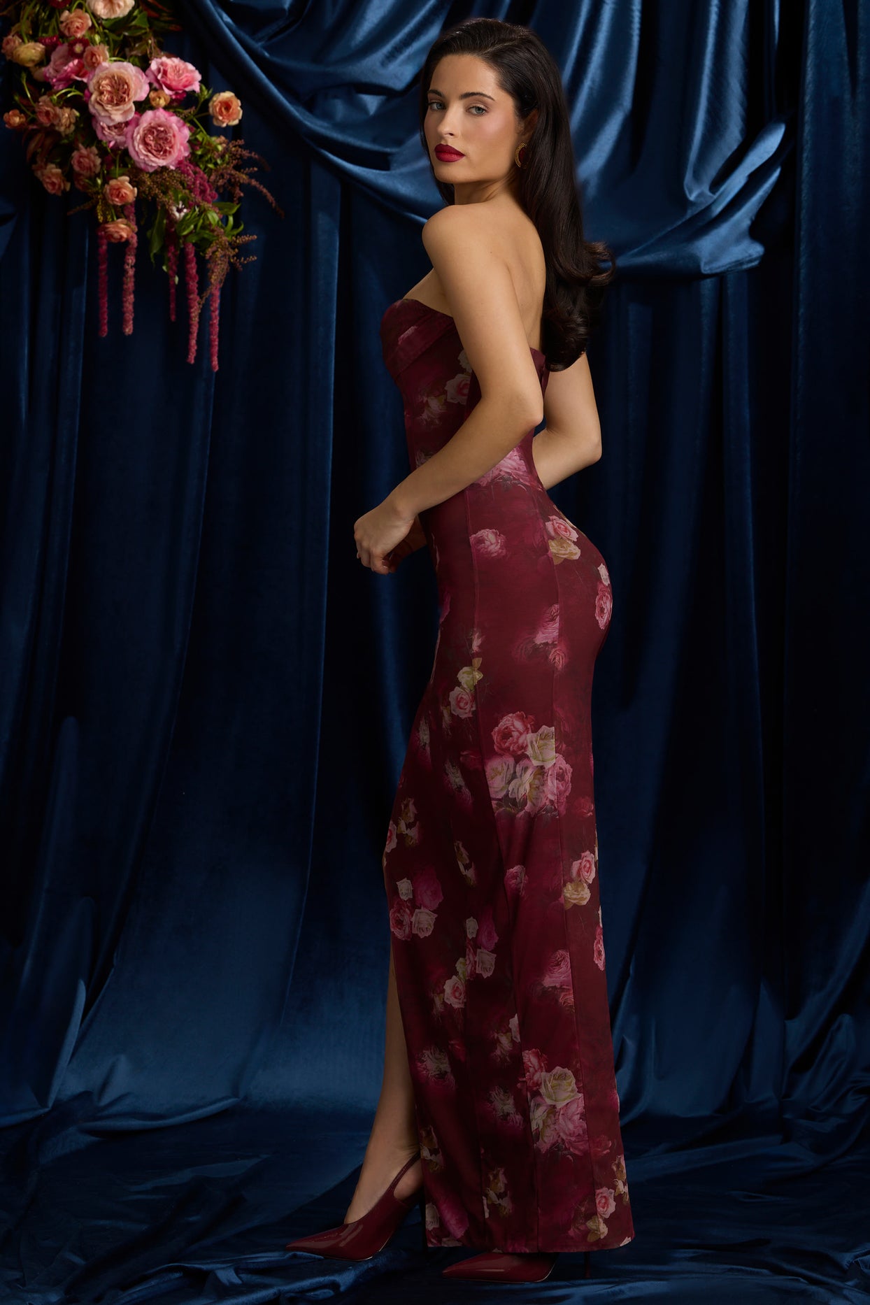 Bandeau Cowl-Neck Maxi Dress in Maroon Floral Print - 15
