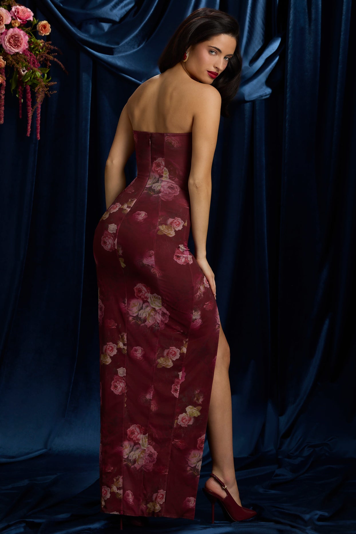 Bandeau Cowl-Neck Maxi Dress in Maroon Floral Print - 16