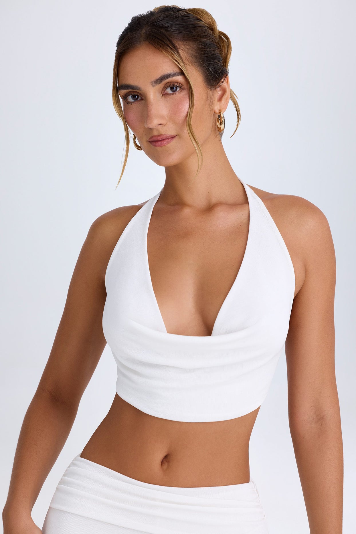 Cowl-Front Halterneck Crop Top in White - 4