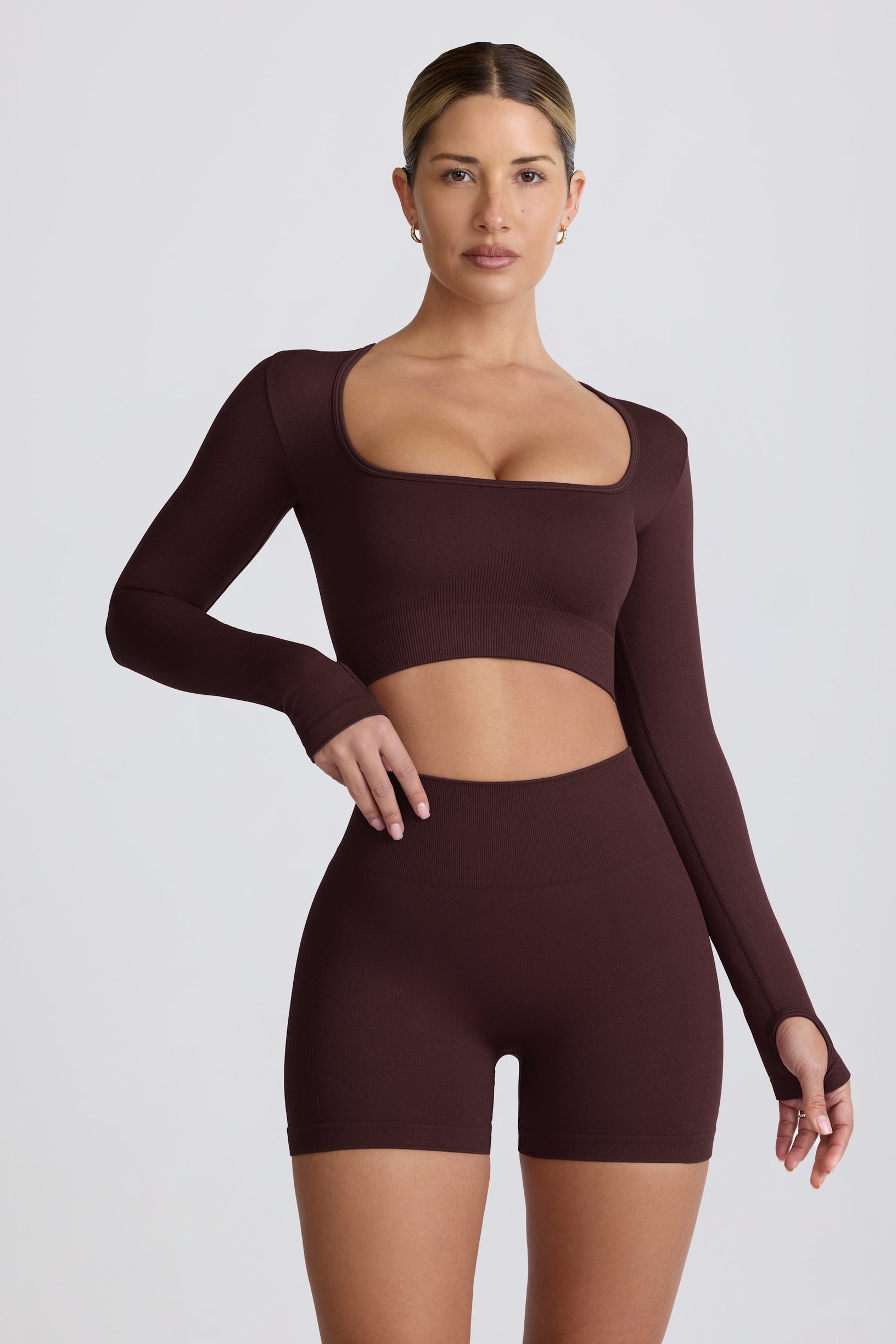 Super Sculpt Seamless Long-Sleeve Crop Top in Chocolate - 1