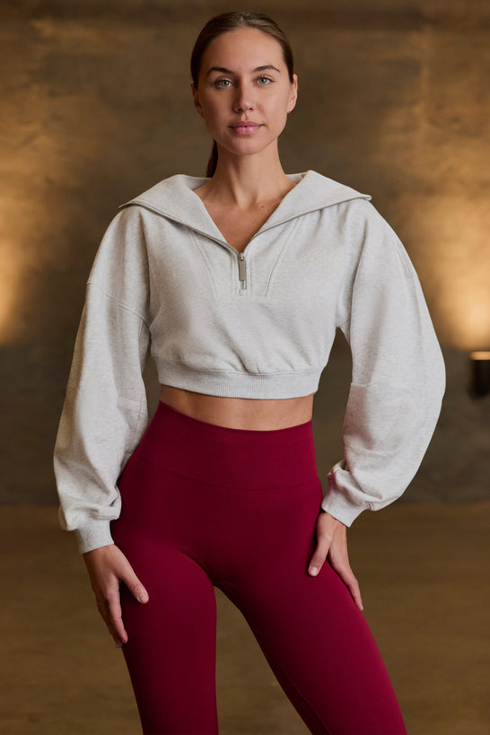 Quarter-Zip Cropped Sweatshirt in Grey Marl