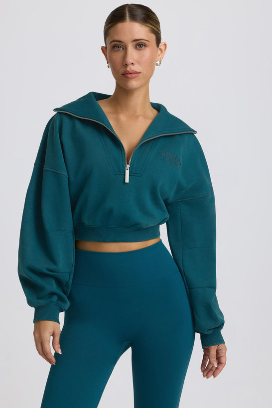 Quarter-Zip Cropped Sweatshirt in Teal