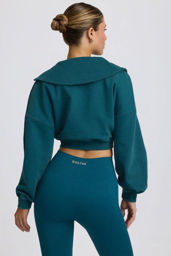 Quarter-Zip Cropped Sweatshirt in Teal